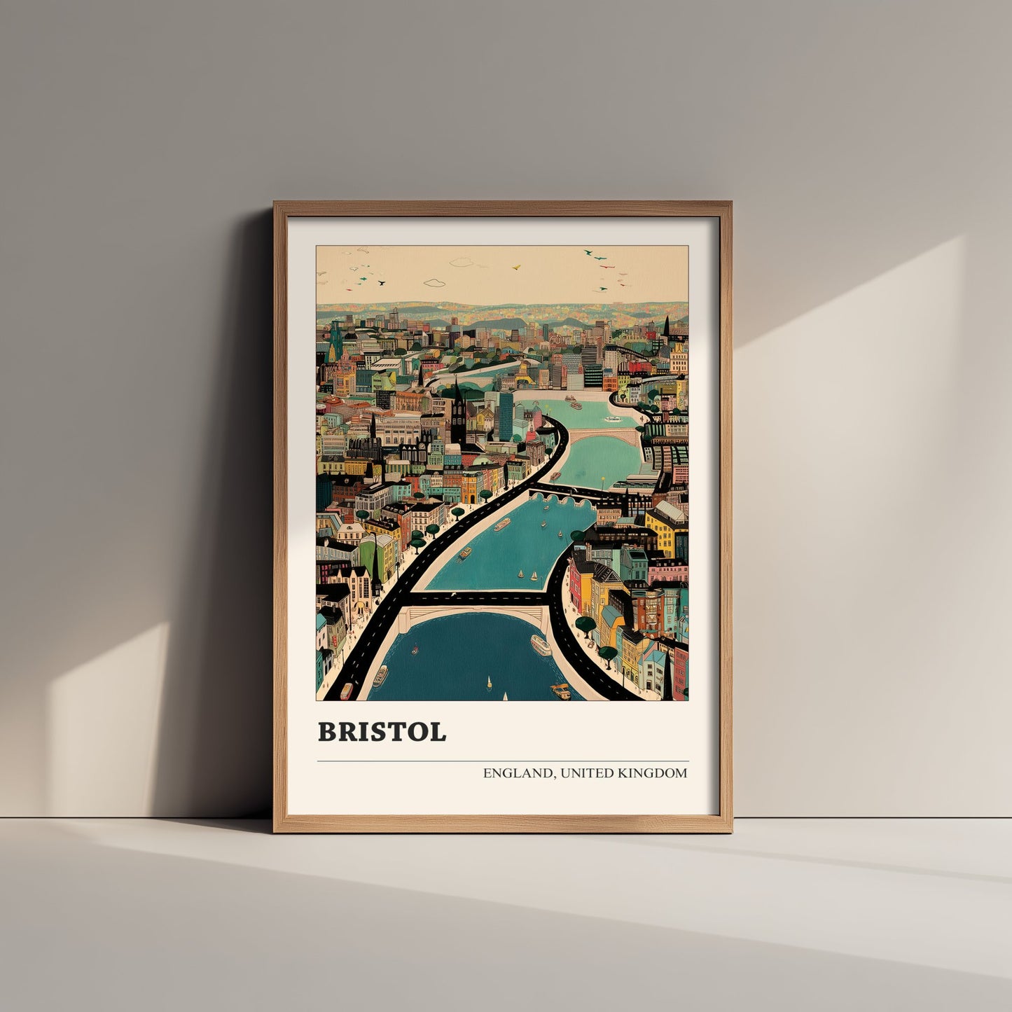 Bristol England Travel Poster - Folk Art Cityscape Print - Naive City Illustration - Harbourside Wall Art 1/3