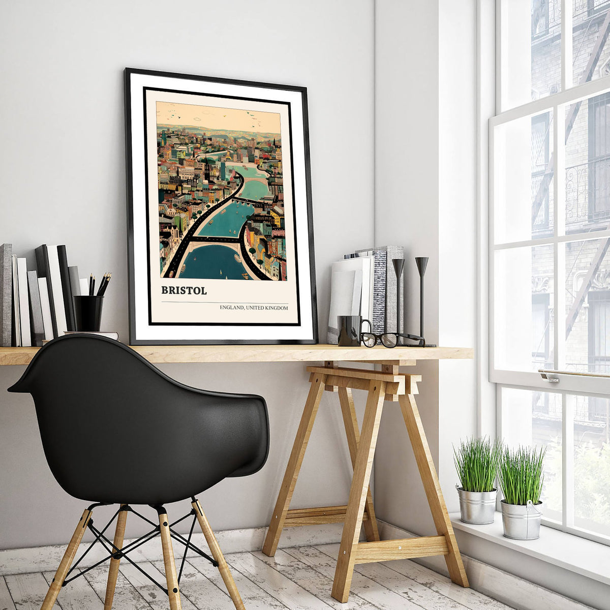 Bristol England Travel Poster - Folk Art Cityscape Print - Naive City Illustration - Harbourside Wall Art 1/3