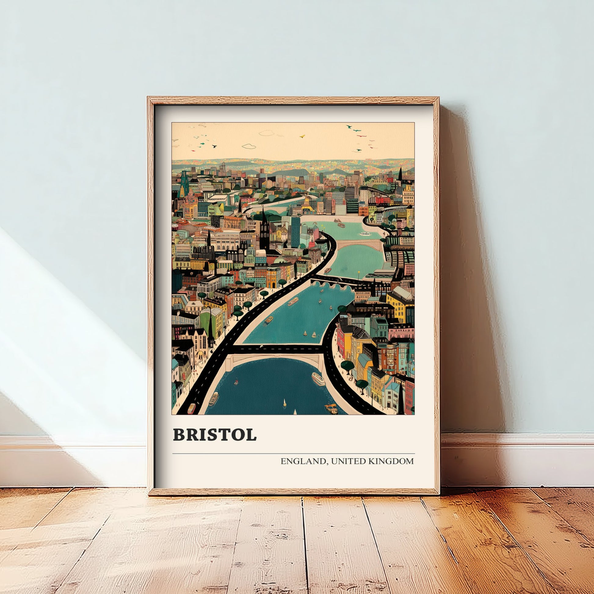 Bristol England Travel Poster - Folk Art Cityscape Print - Naive City Illustration - Harbourside Wall Art 1/3