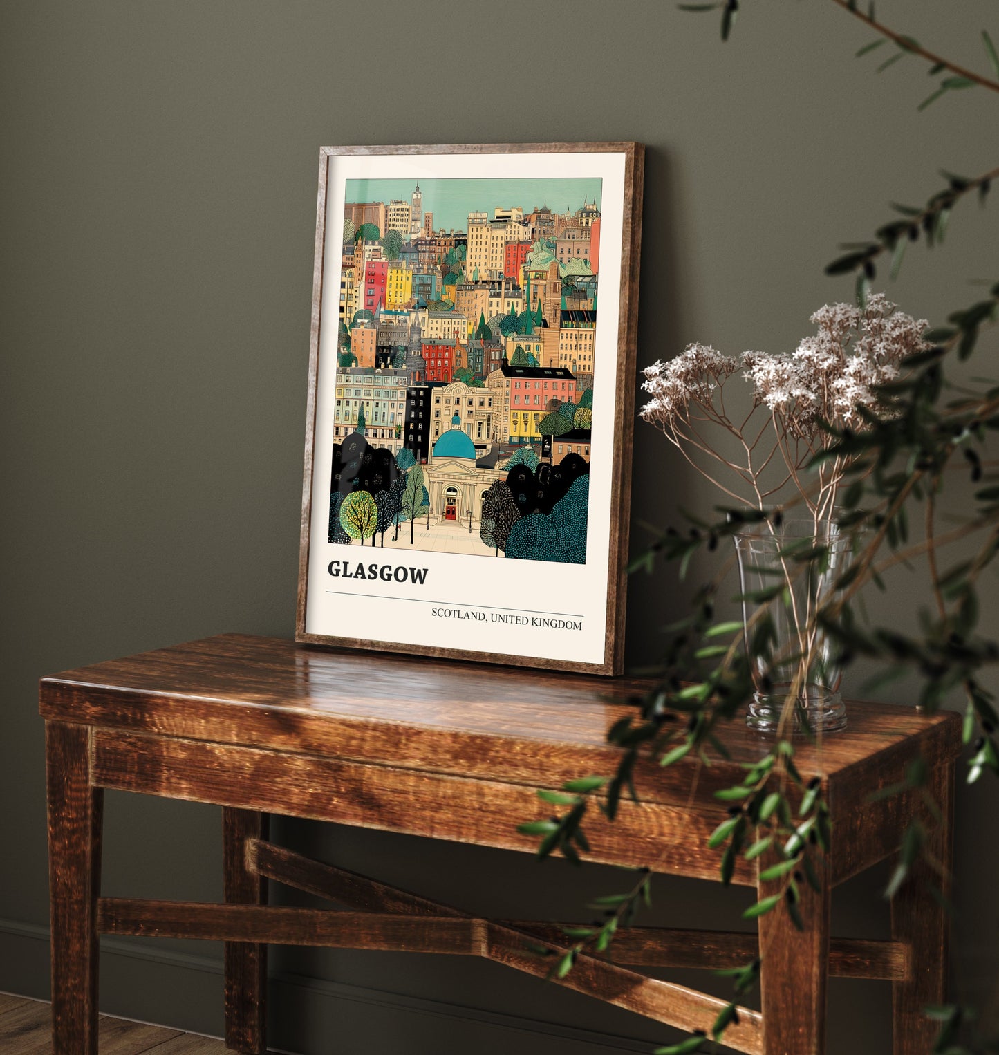 Glasgow Scotland Travel Poster - Folk Art Cityscape Print - Naive City Illustration - Scottish Wall Art 2/3