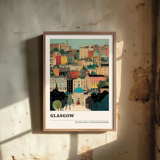 Glasgow Scotland Travel Poster - Folk Art Cityscape Print - Naive City Illustration - Scottish Wall Art 2/3