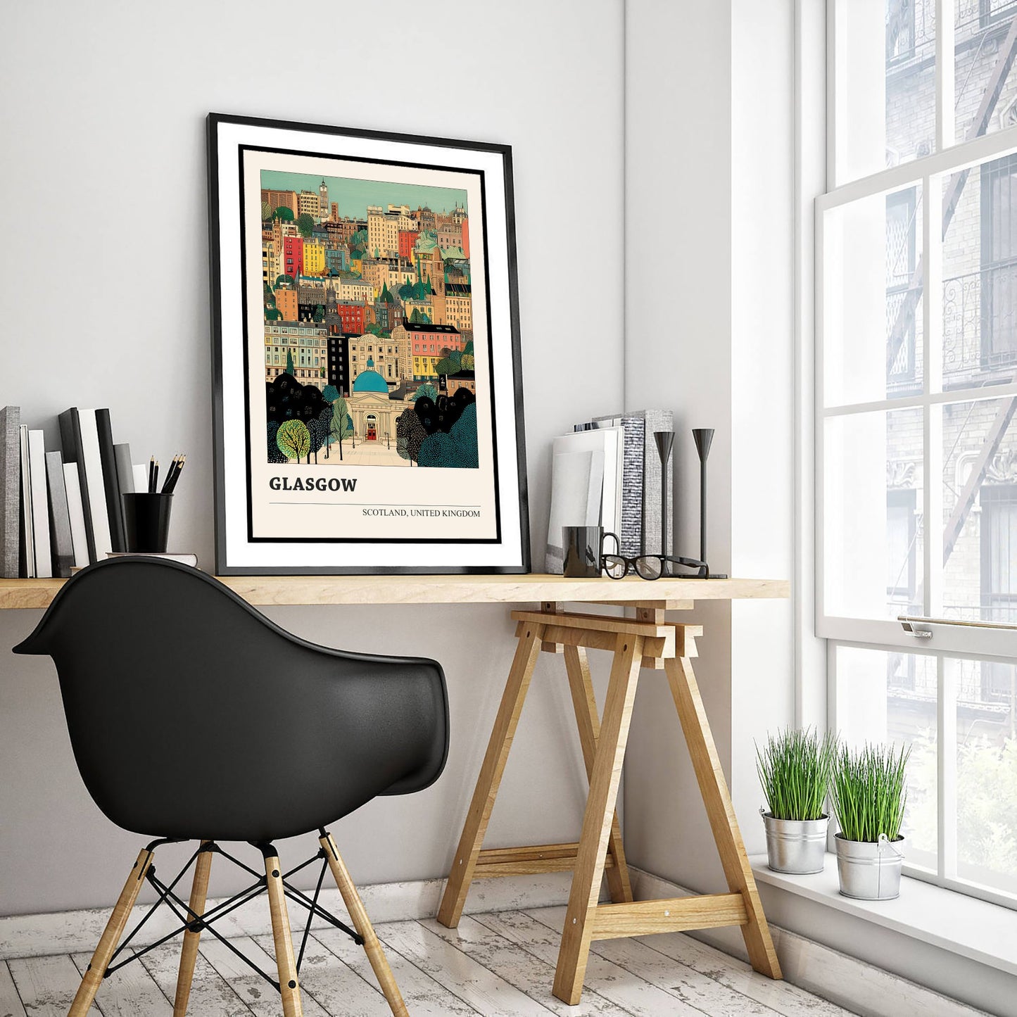 Glasgow Scotland Travel Poster - Folk Art Cityscape Print - Naive City Illustration - Scottish Wall Art 2/3