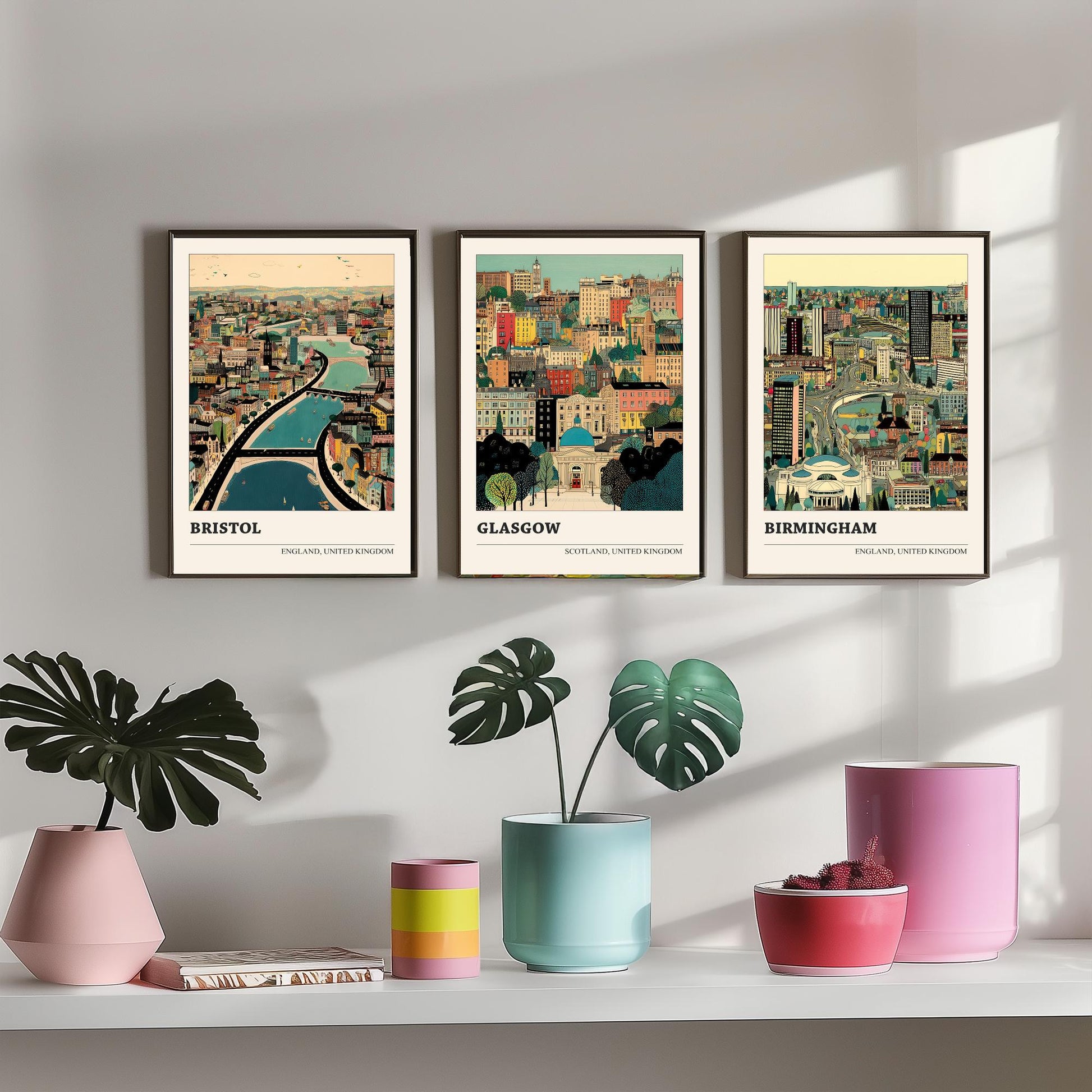 Set of Three UK City Art Prints - Bristol, Glasgow, Birmingham - 3 Detailed British Cityscape Illustration Posters - Travel Decor Gift