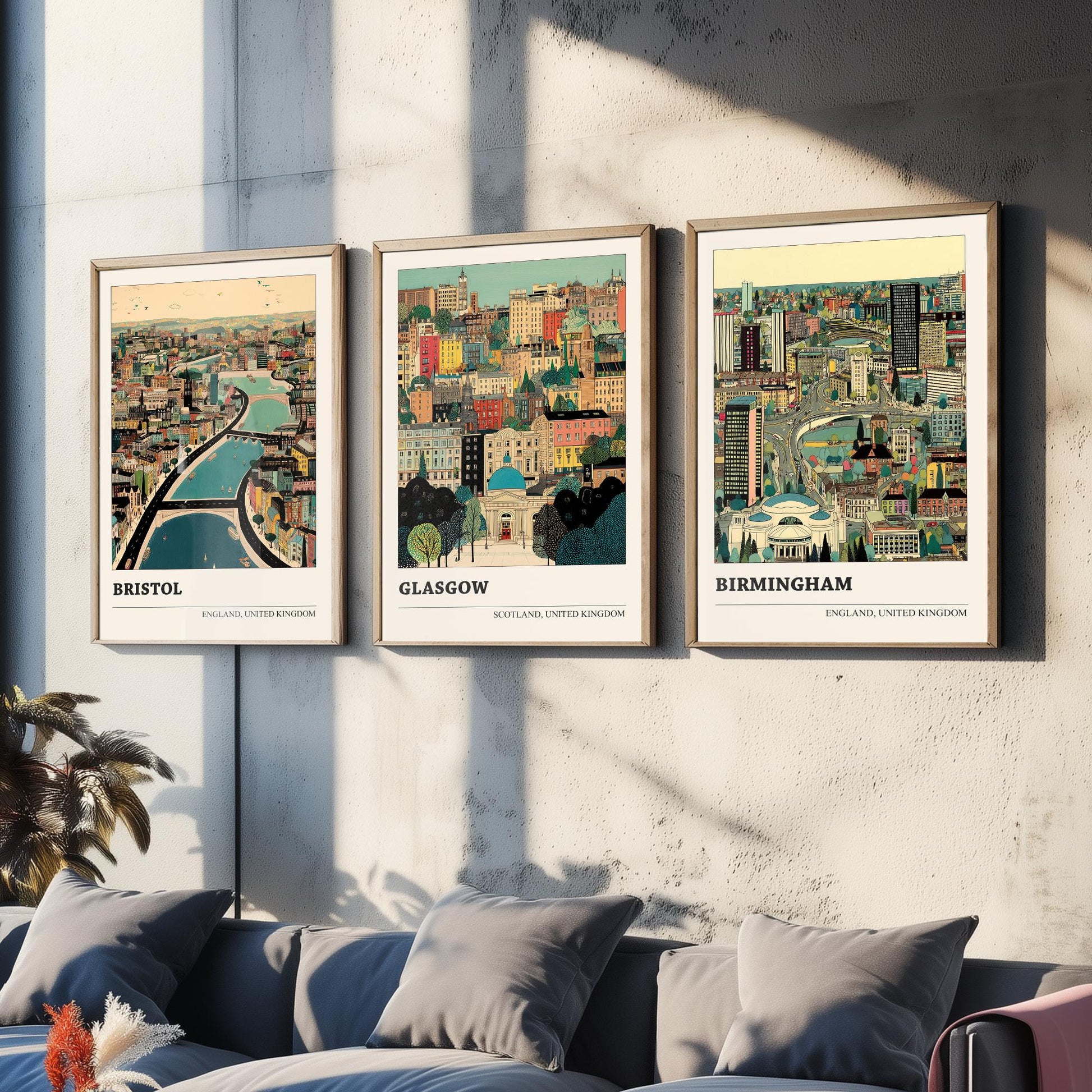 Set of Three UK City Art Prints - Bristol, Glasgow, Birmingham - 3 Detailed British Cityscape Illustration Posters - Travel Decor Gift