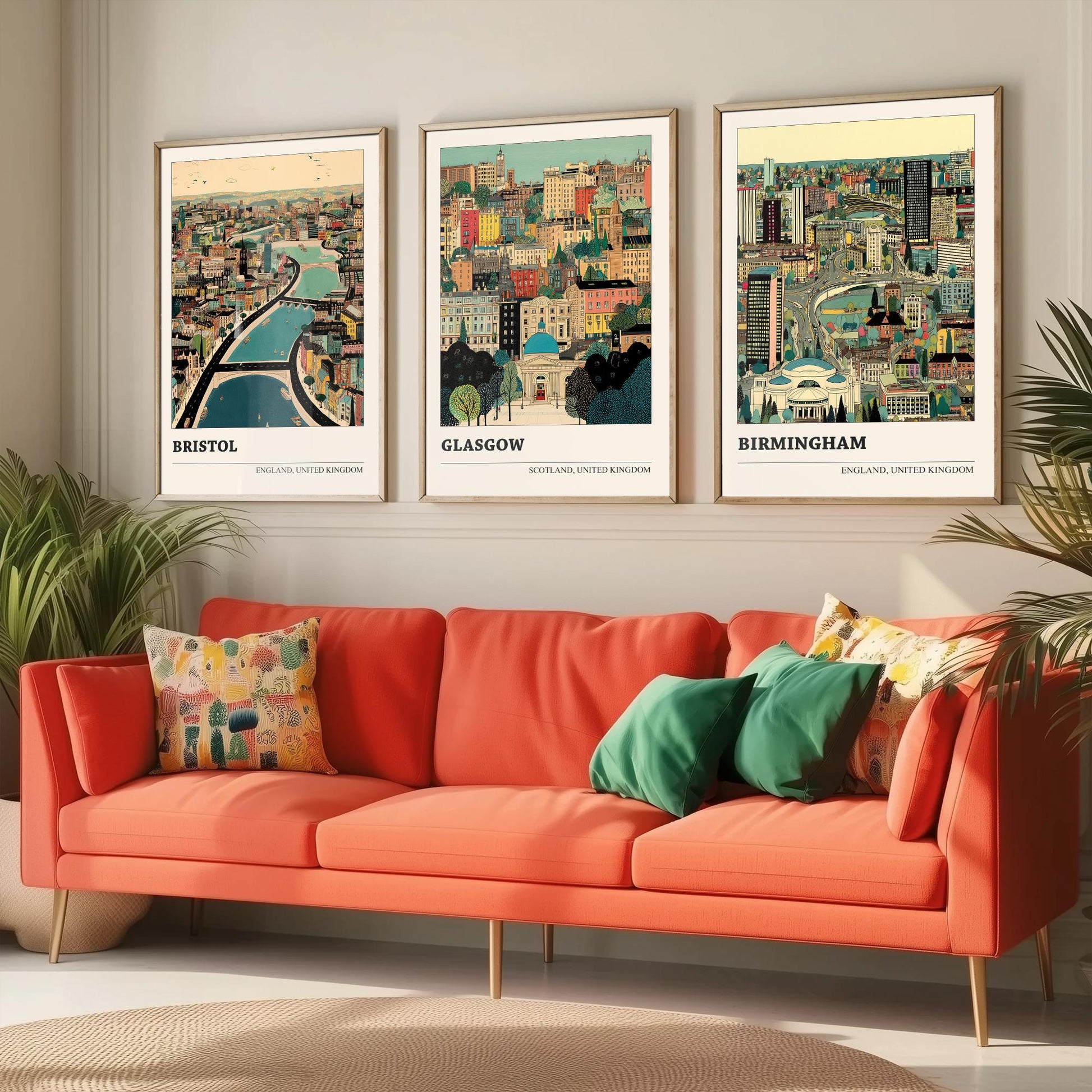 Set of Three UK City Art Prints - Bristol, Glasgow, Birmingham - 3 Detailed British Cityscape Illustration Posters - Travel Decor Gift
