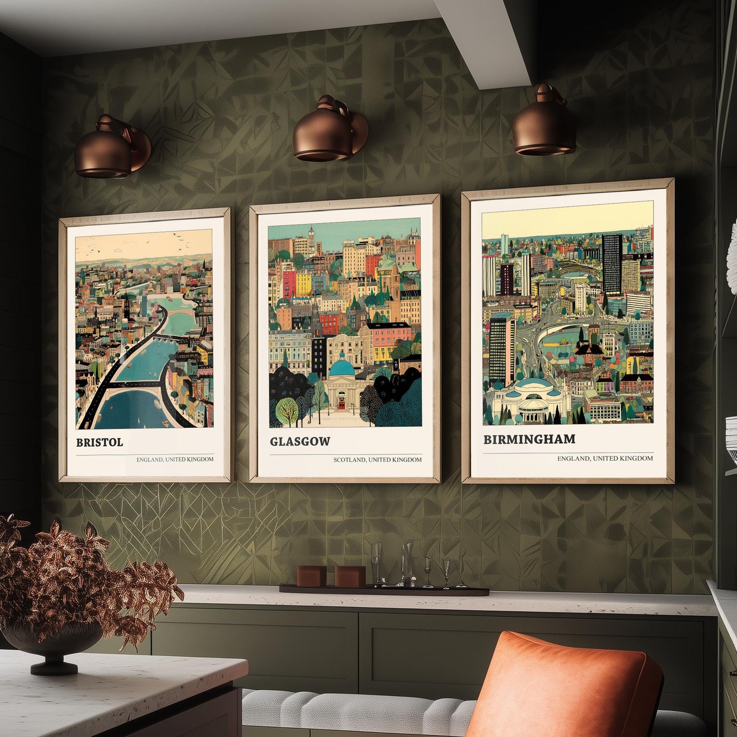 Set of Three UK City Art Prints - Bristol, Glasgow, Birmingham - 3 Detailed British Cityscape Illustration Posters - Travel Decor Gift