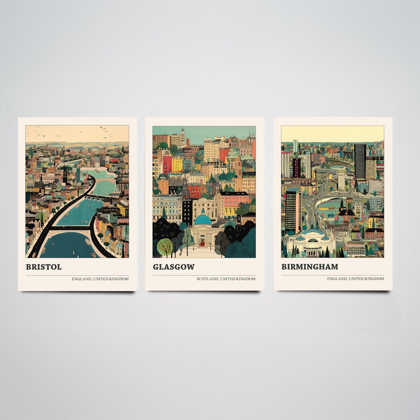 Set of Three UK City Art Prints - Bristol, Glasgow, Birmingham - 3 Detailed British Cityscape Illustration Posters - Travel Decor Gift