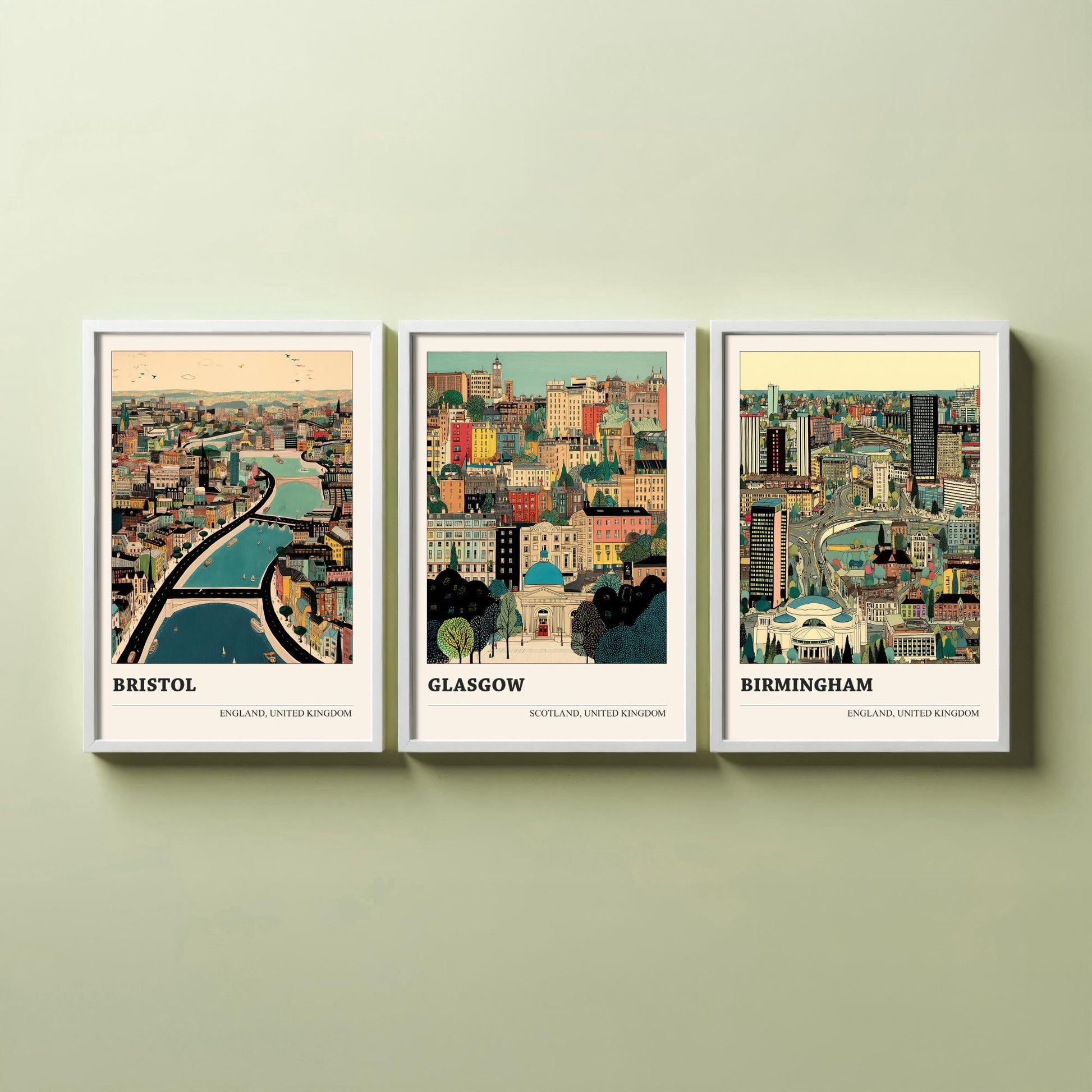 Set of Three UK City Art Prints - Bristol, Glasgow, Birmingham - 3 Detailed British Cityscape Illustration Posters - Travel Decor Gift