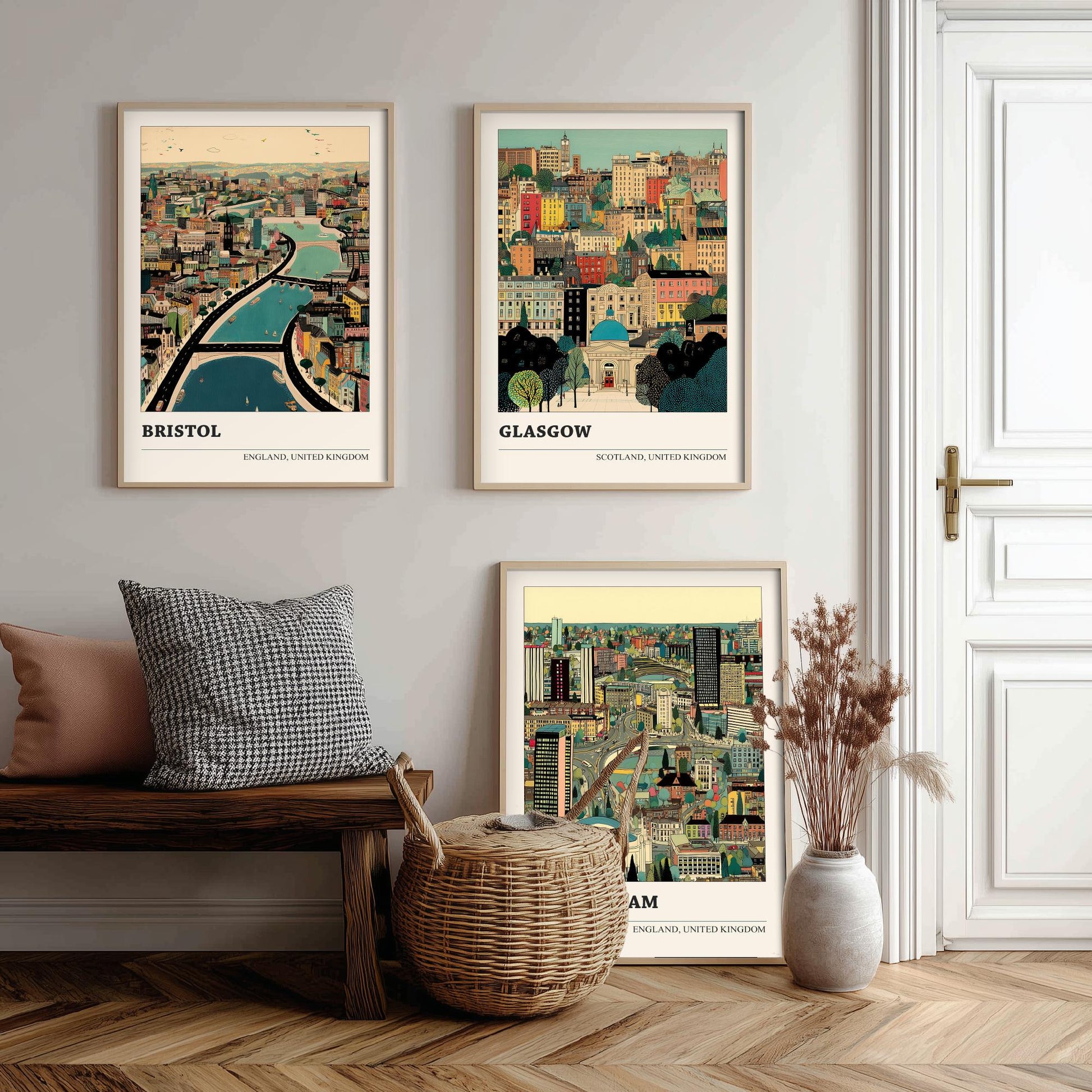 Set of Three UK City Art Prints - Bristol, Glasgow, Birmingham - 3 Detailed British Cityscape Illustration Posters - Travel Decor Gift