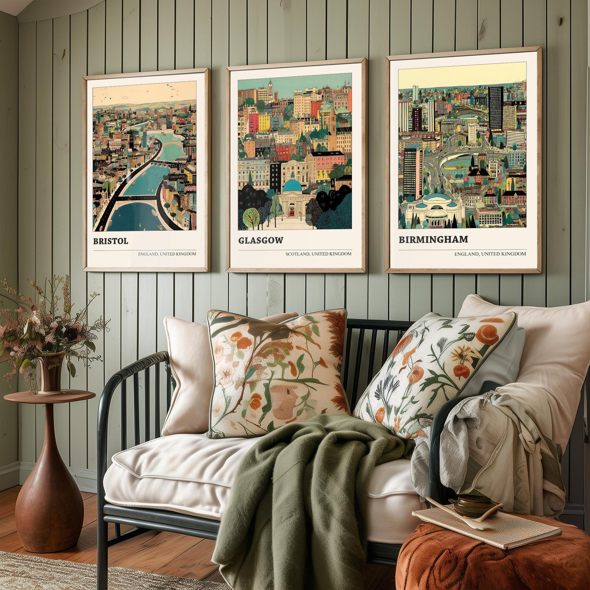 Set of Three UK City Art Prints - Bristol, Glasgow, Birmingham - 3 Detailed British Cityscape Illustration Posters - Travel Decor Gift