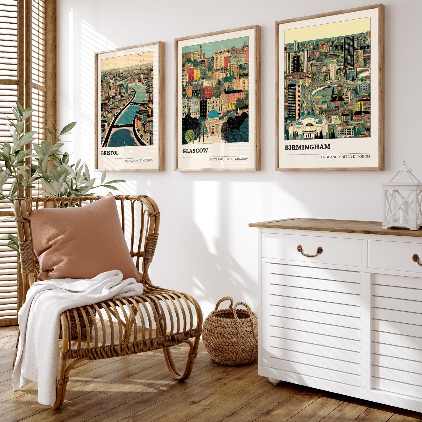 Set of Three UK City Art Prints - Bristol, Glasgow, Birmingham - 3 Detailed British Cityscape Illustration Posters - Travel Decor Gift