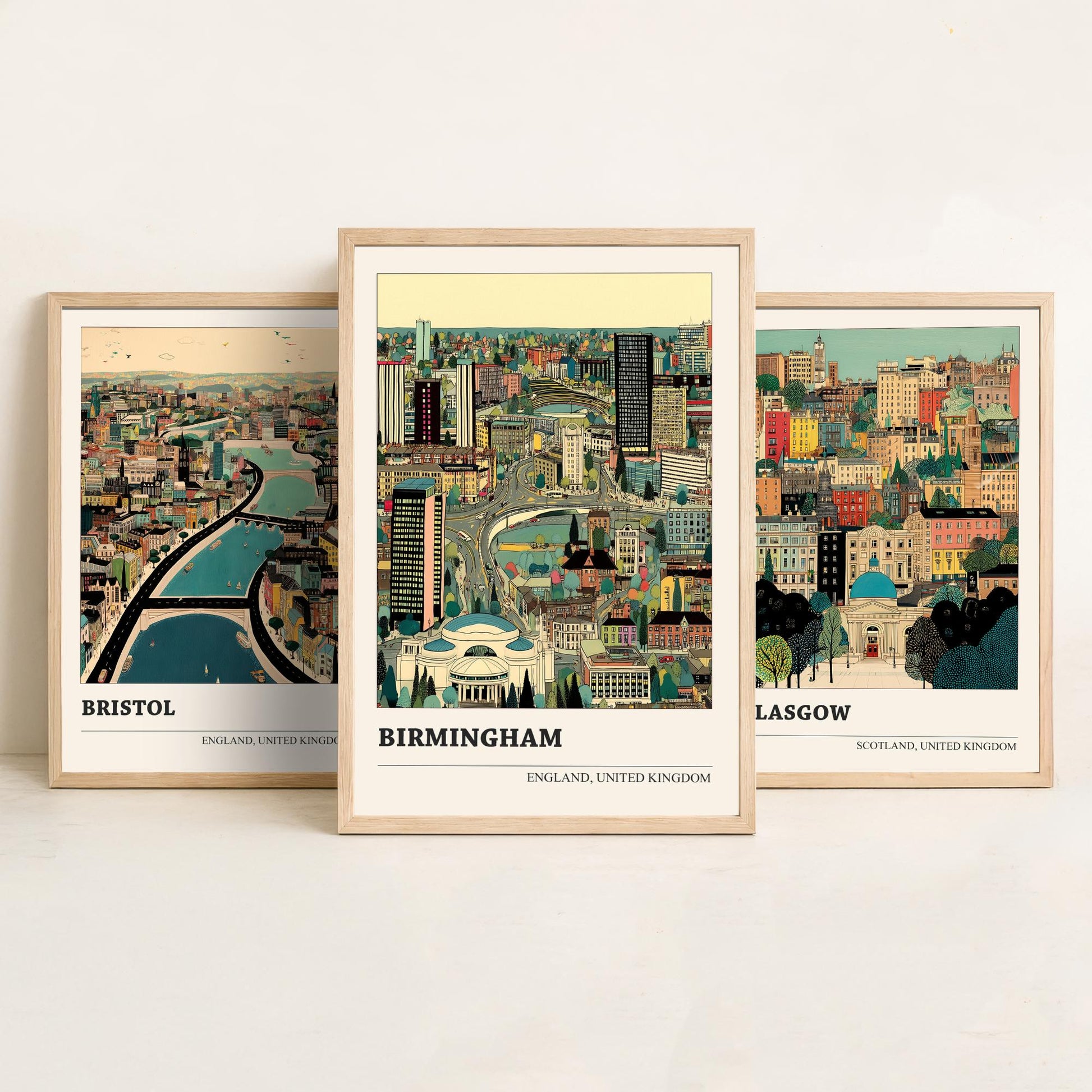 Set of Three UK City Art Prints - Bristol, Glasgow, Birmingham - 3 Detailed British Cityscape Illustration Posters - Travel Decor Gift