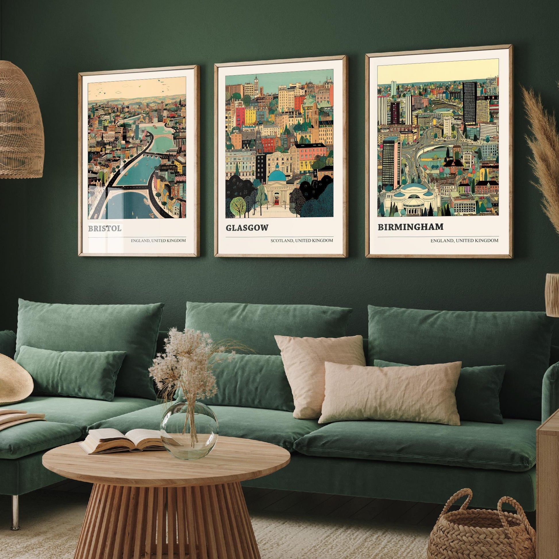 Set of Three UK City Art Prints - Bristol, Glasgow, Birmingham - 3 Detailed British Cityscape Illustration Posters - Travel Decor Gift