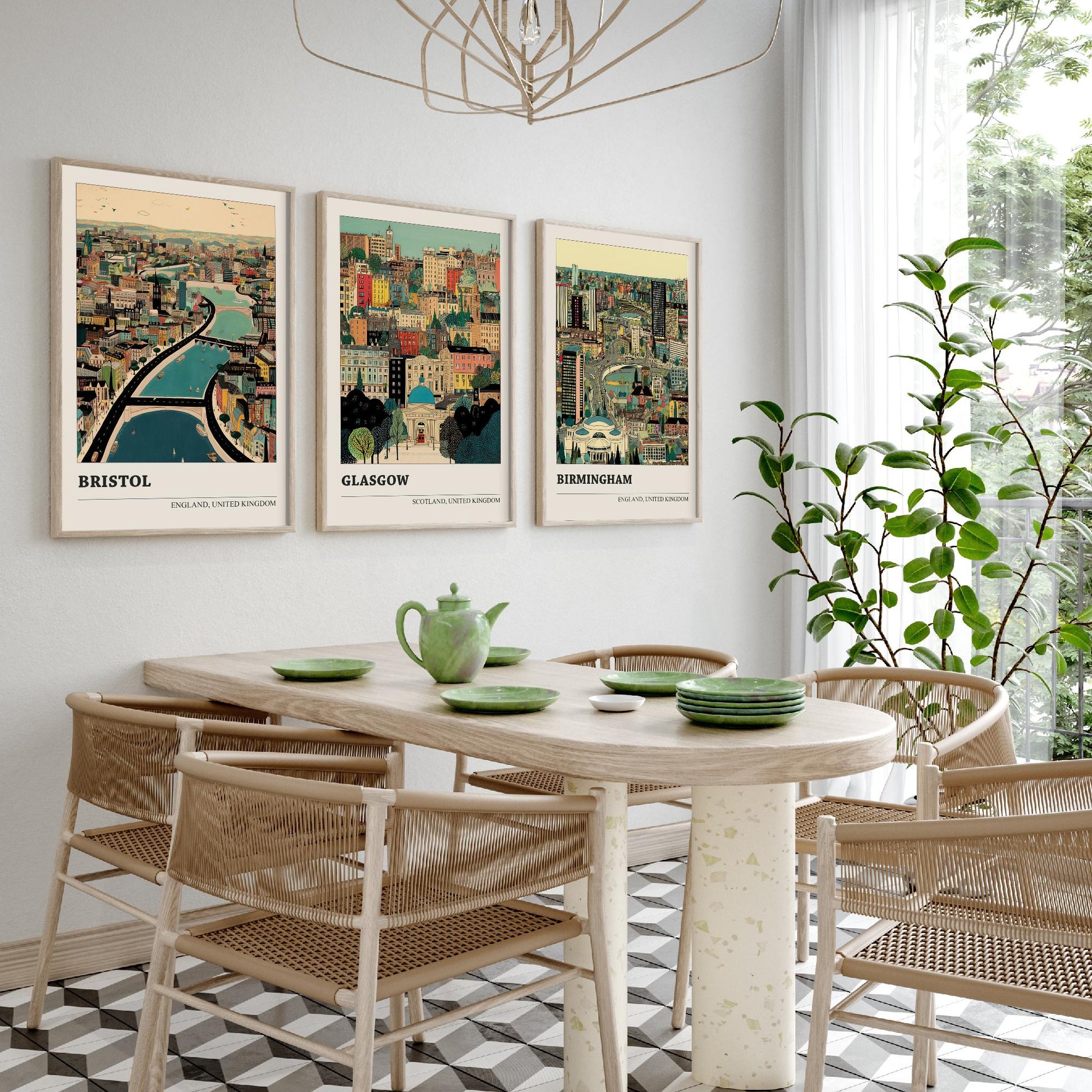Set of Three UK City Art Prints - Bristol, Glasgow, Birmingham - 3 Detailed British Cityscape Illustration Posters - Travel Decor Gift