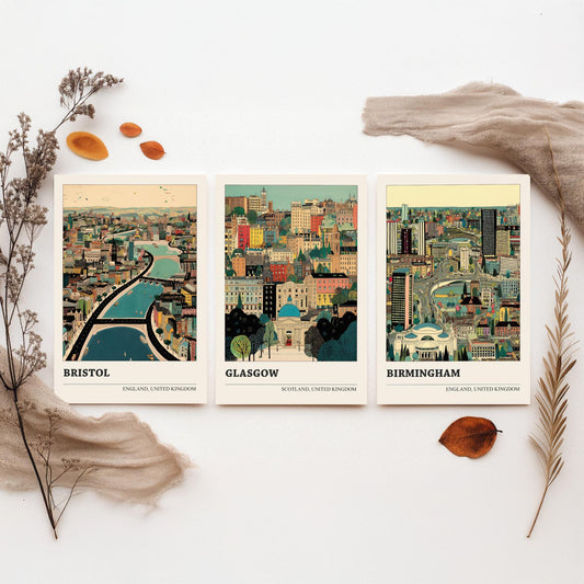 Set of Three UK City Art Prints - Bristol, Glasgow, Birmingham - 3 Detailed British Cityscape Illustration Posters - Travel Decor Gift