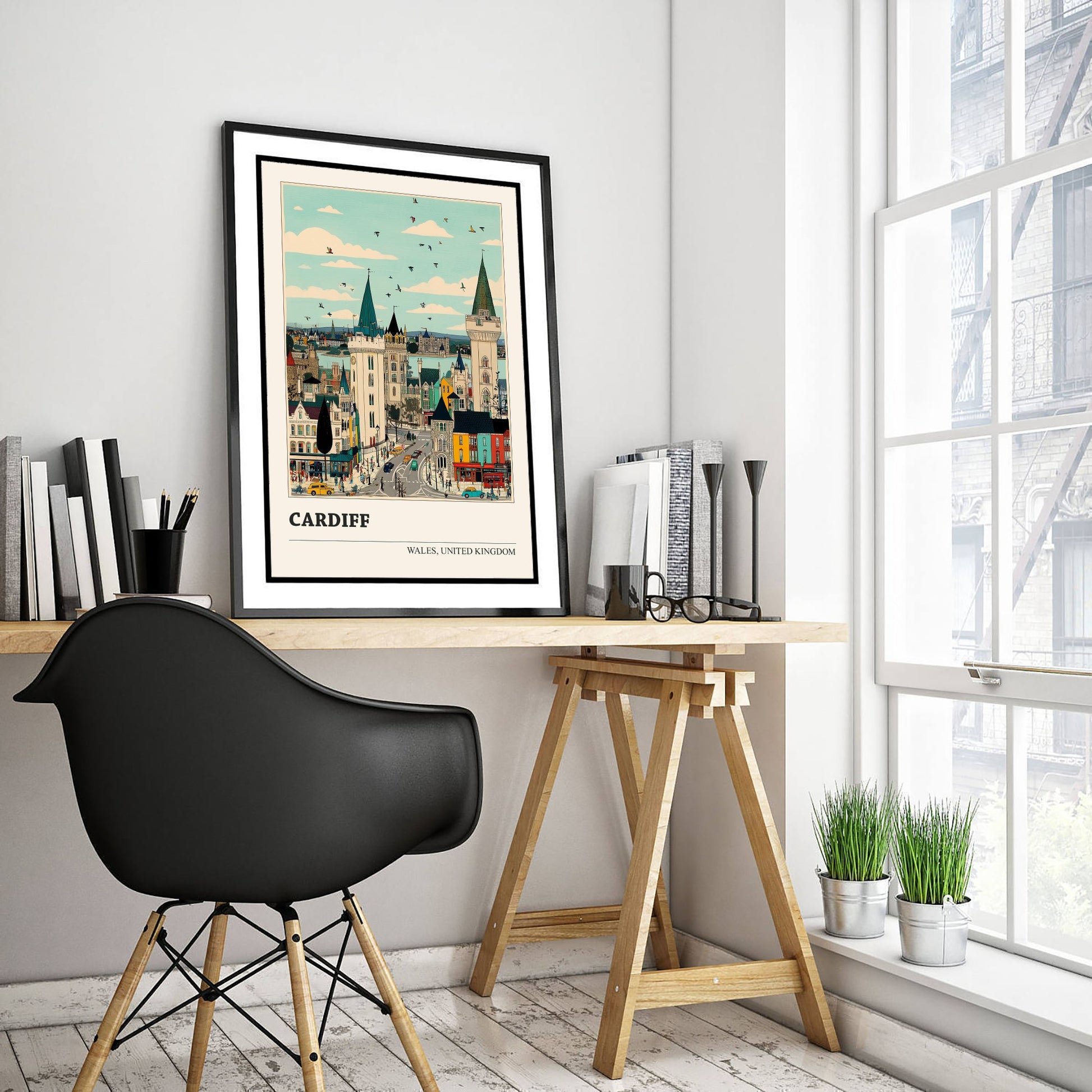 Cardiff Wales Travel Poster - Folk Art Cityscape Print - Naive City Illustration - Welsh Castle Wall Art 1/3