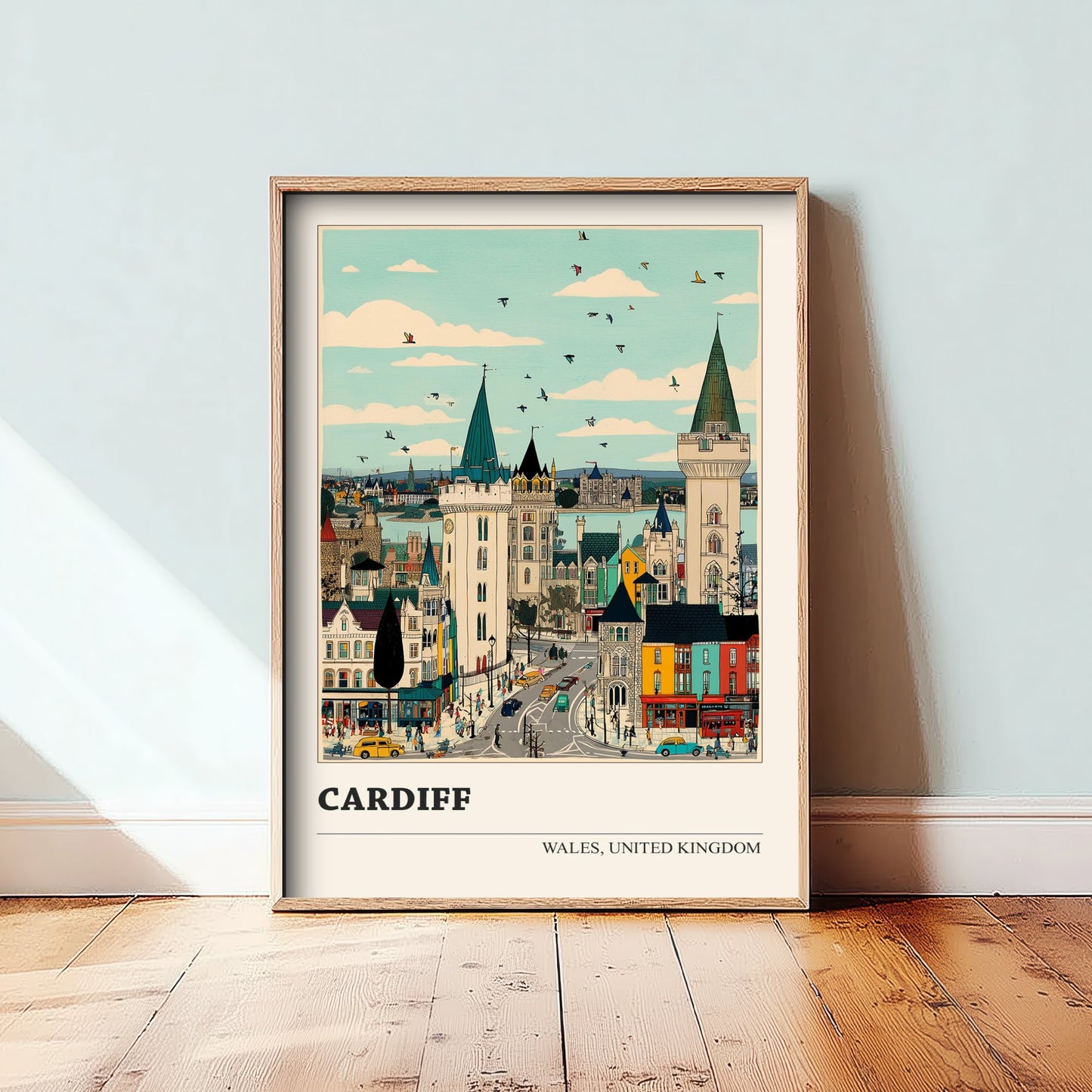 Cardiff Wales Travel Poster - Folk Art Cityscape Print - Naive City Illustration - Welsh Castle Wall Art 1/3
