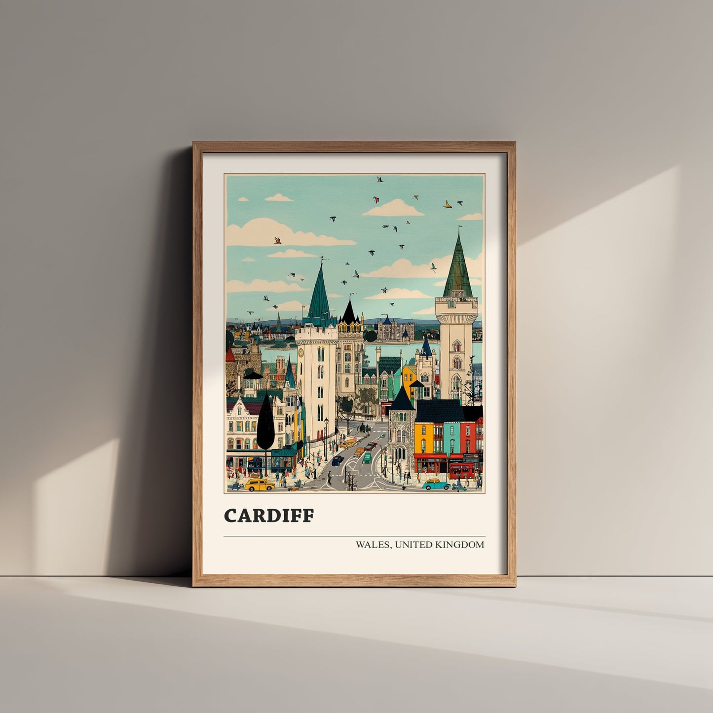 Cardiff Wales Travel Poster - Folk Art Cityscape Print - Naive City Illustration - Welsh Castle Wall Art 1/3