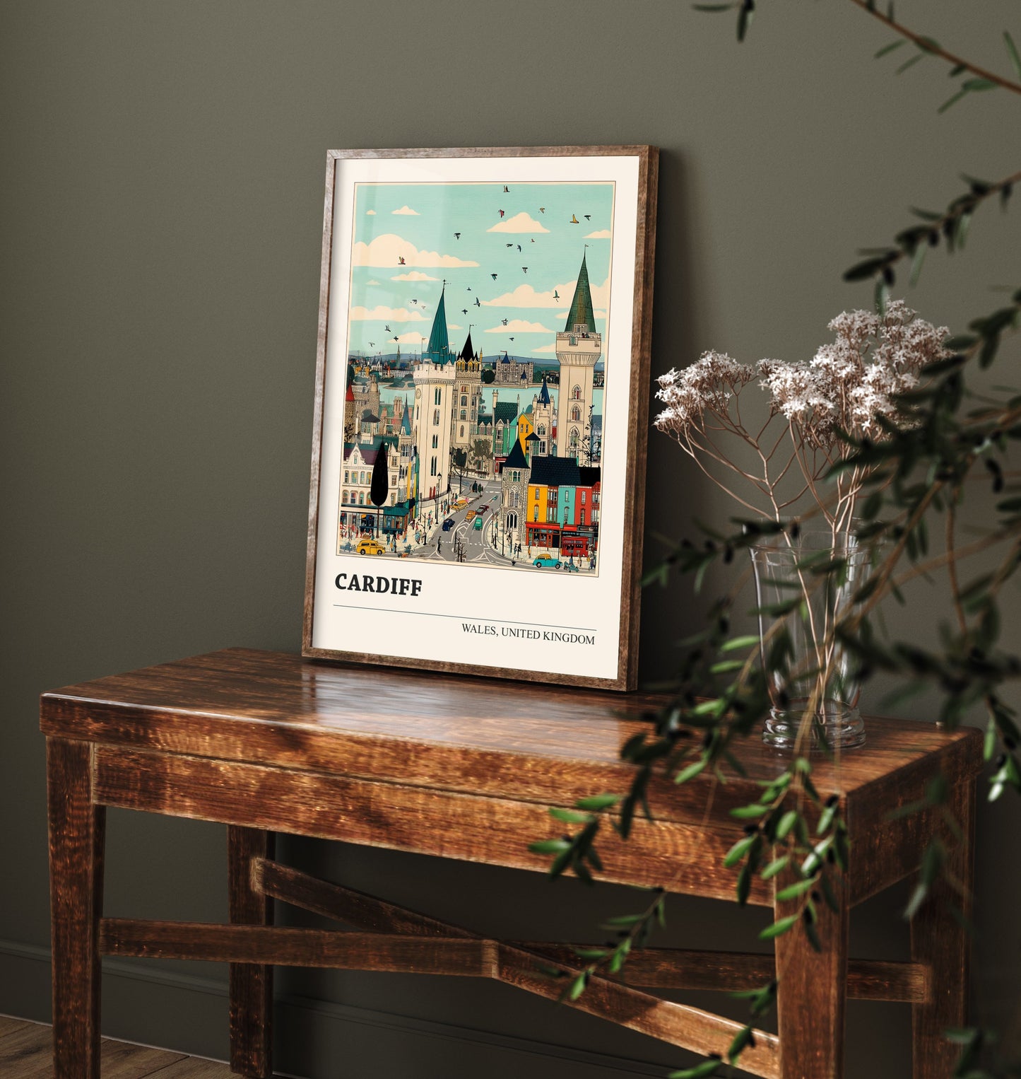 Cardiff Wales Travel Poster - Folk Art Cityscape Print - Naive City Illustration - Welsh Castle Wall Art 1/3