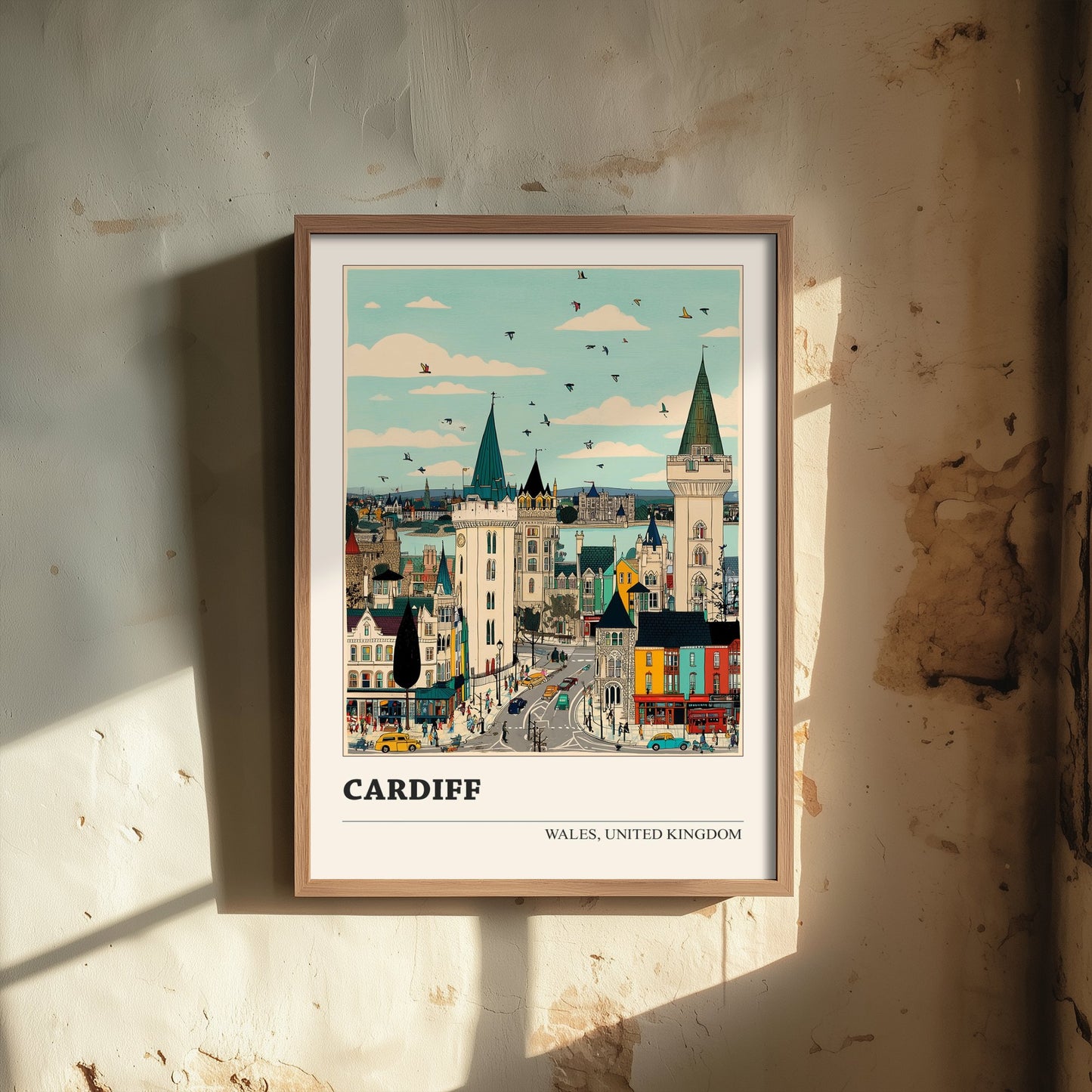 Cardiff Wales Travel Poster - Folk Art Cityscape Print - Naive City Illustration - Welsh Castle Wall Art 1/3