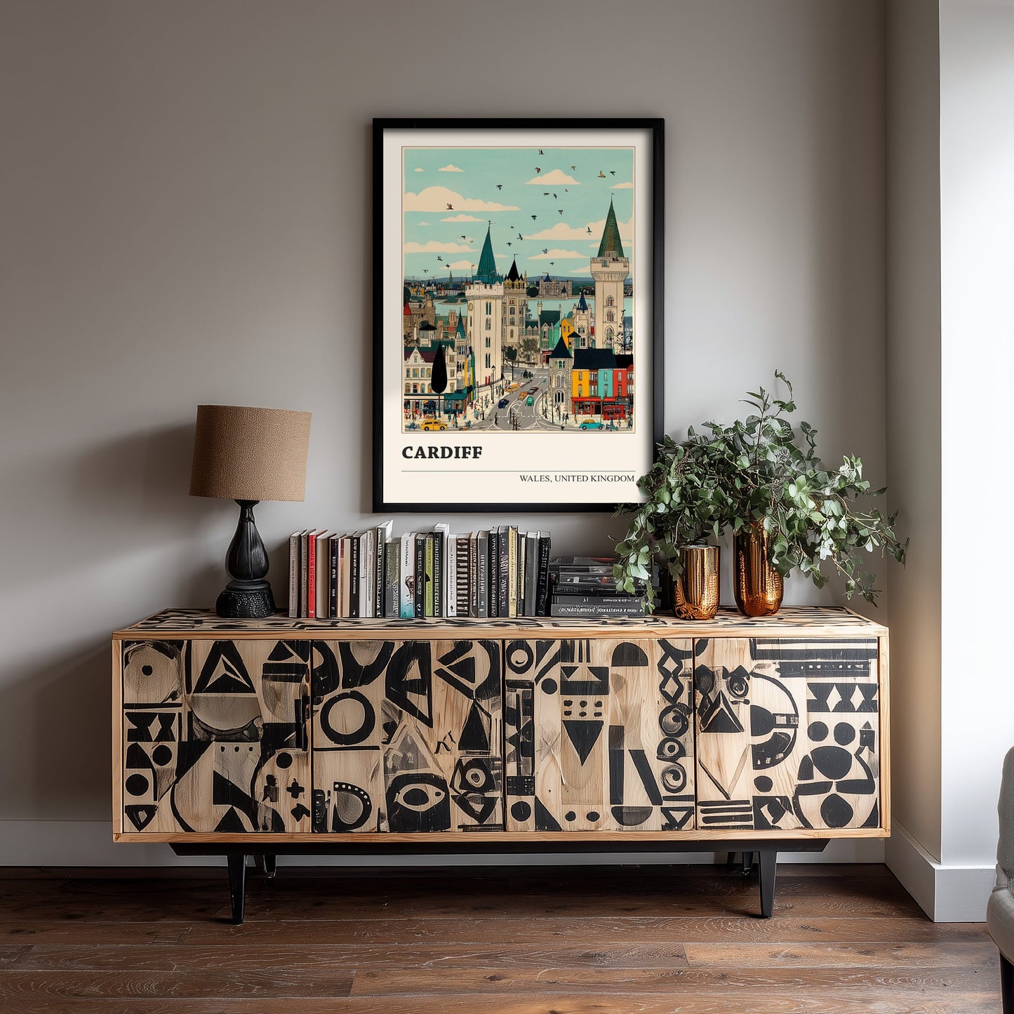 Cardiff Wales Travel Poster - Folk Art Cityscape Print - Naive City Illustration - Welsh Castle Wall Art 1/3