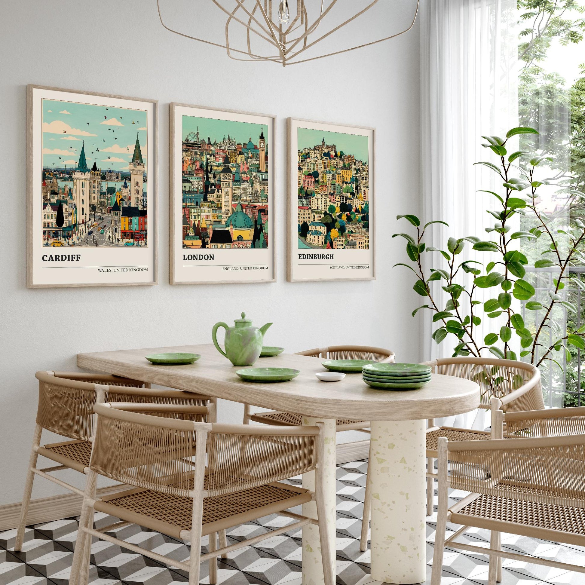 Set of Three UK Capital City Art Prints - Cardiff, London, Edinburgh - 3 Detailed Cityscape Illustration Posters - Travel Gift Decor