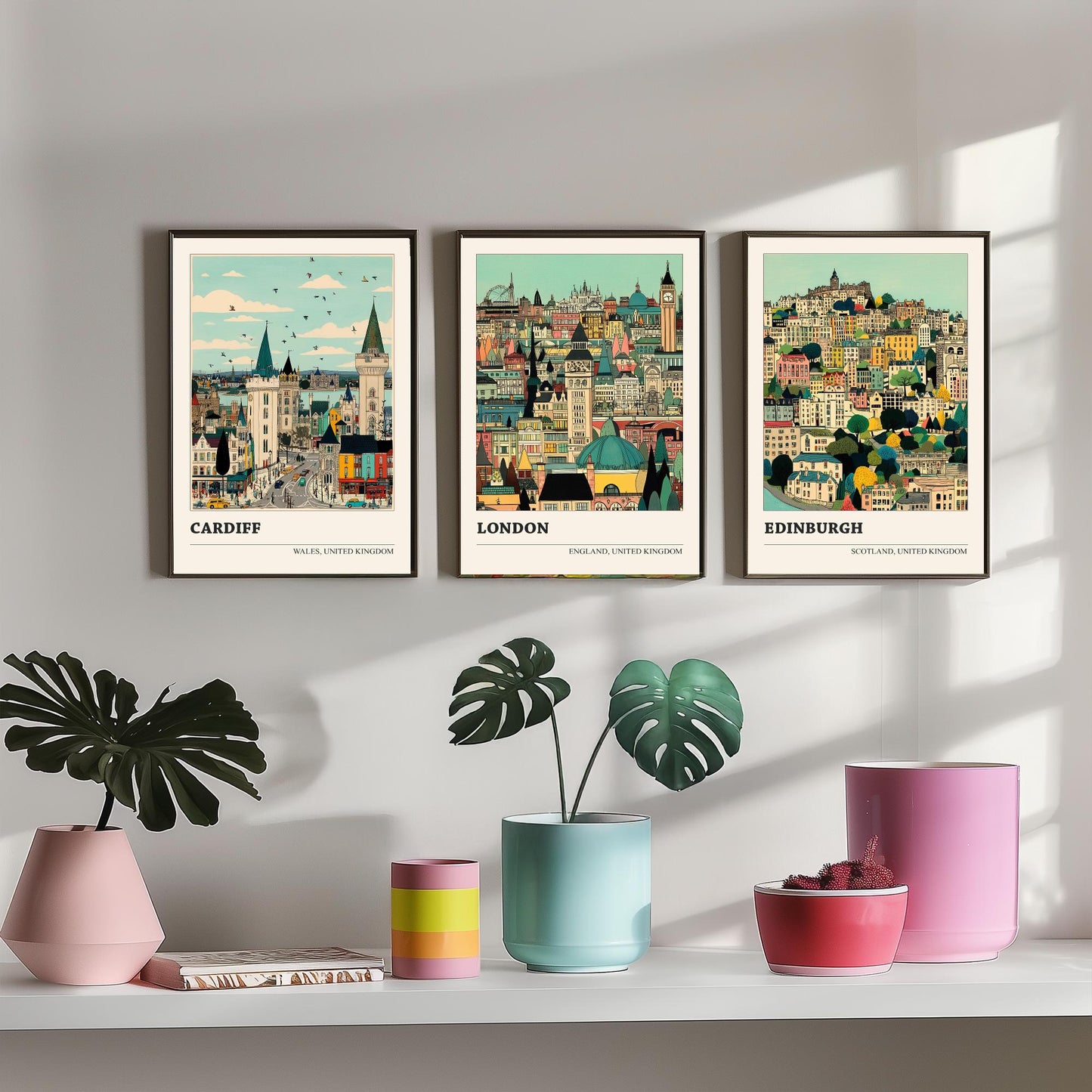 Set of Three UK Capital City Art Prints - Cardiff, London, Edinburgh - 3 Detailed Cityscape Illustration Posters - Travel Gift Decor