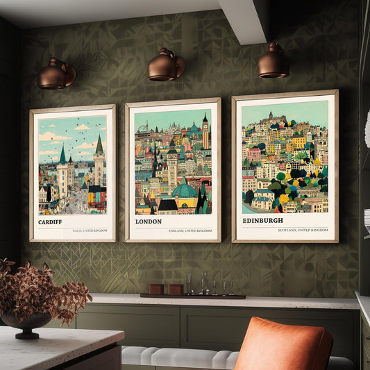 Set of Three UK Capital City Art Prints - Cardiff, London, Edinburgh - 3 Detailed Cityscape Illustration Posters - Travel Gift Decor