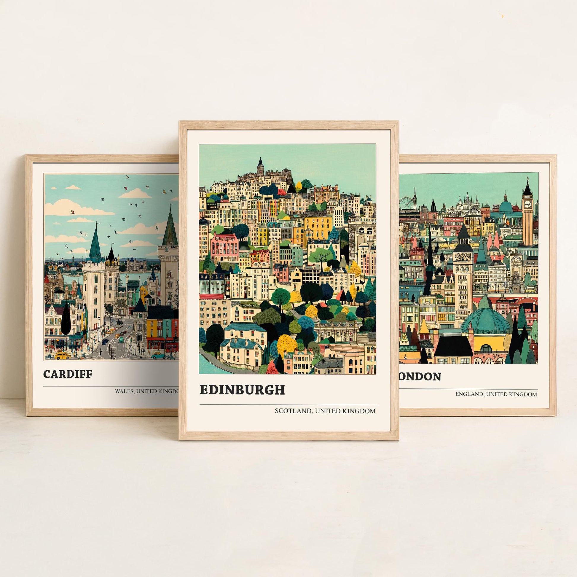 Set of Three UK Capital City Art Prints - Cardiff, London, Edinburgh - 3 Detailed Cityscape Illustration Posters - Travel Gift Decor