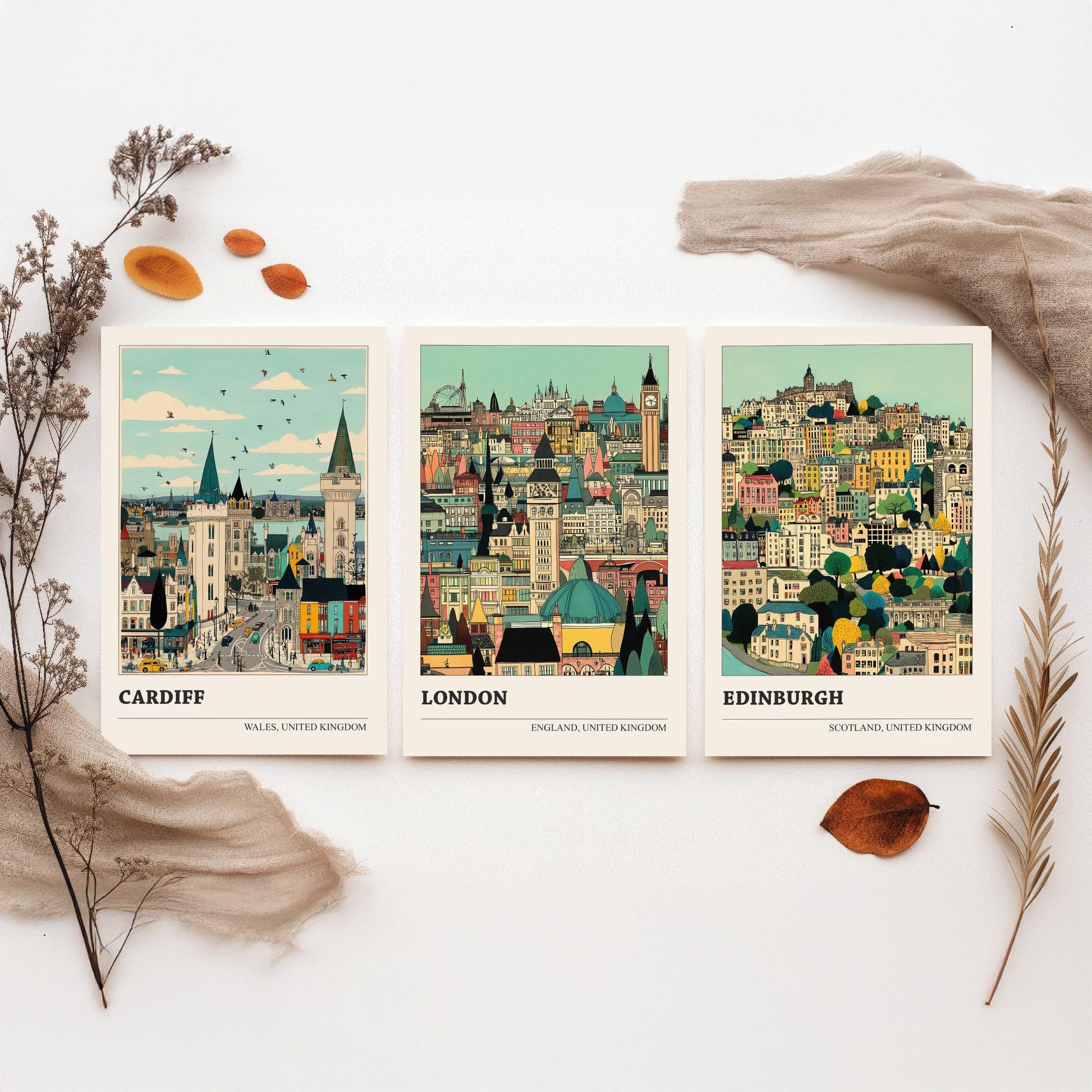 Set of Three UK Capital City Art Prints - Cardiff, London, Edinburgh - 3 Detailed Cityscape Illustration Posters - Travel Gift Decor