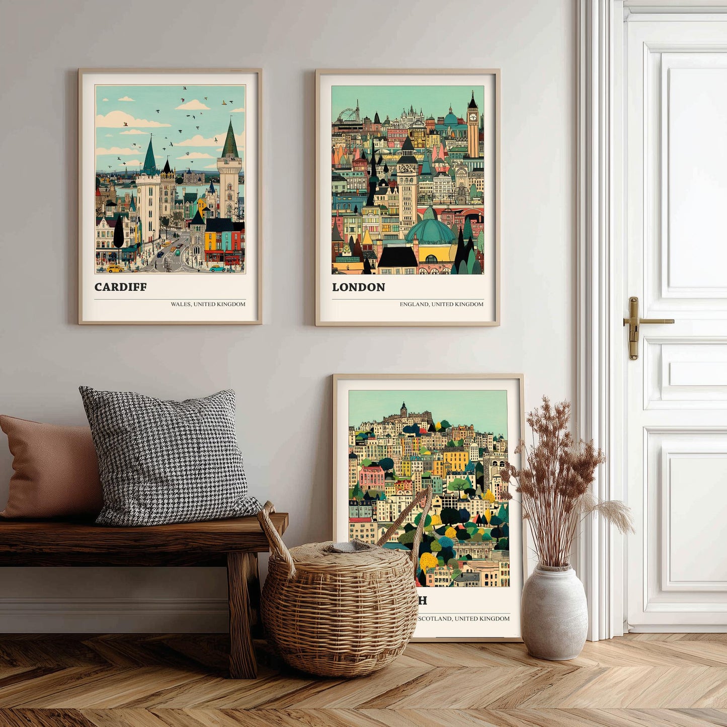 Set of Three UK Capital City Art Prints - Cardiff, London, Edinburgh - 3 Detailed Cityscape Illustration Posters - Travel Gift Decor
