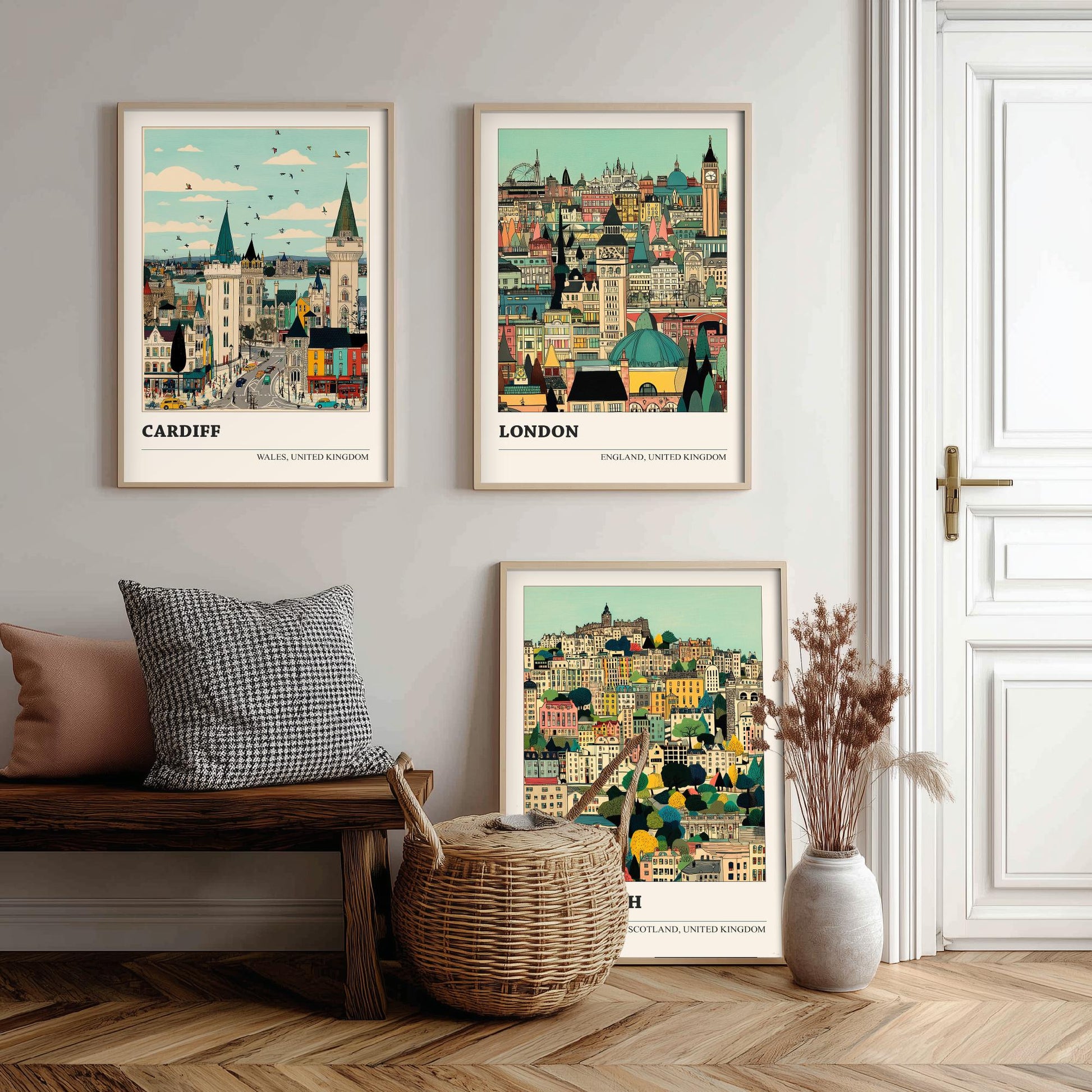 Set of Three UK Capital City Art Prints - Cardiff, London, Edinburgh - 3 Detailed Cityscape Illustration Posters - Travel Gift Decor
