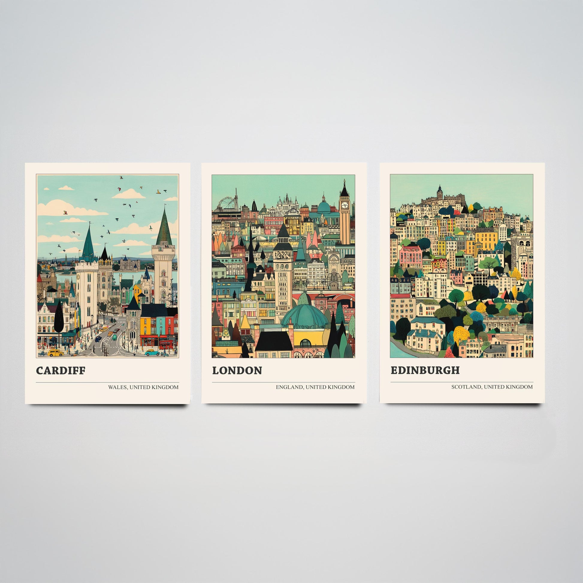 Set of Three UK Capital City Art Prints - Cardiff, London, Edinburgh - 3 Detailed Cityscape Illustration Posters - Travel Gift Decor