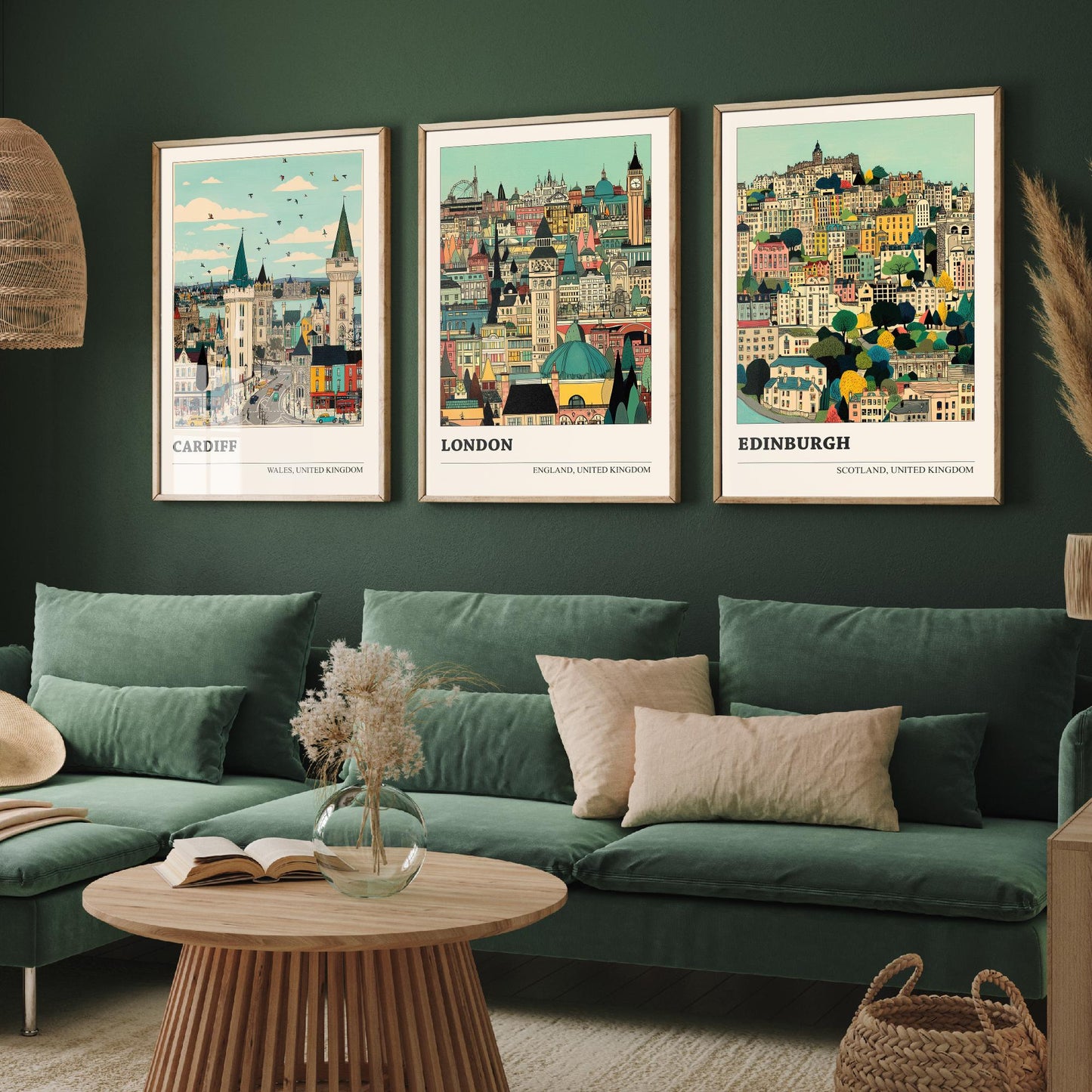 Set of Three UK Capital City Art Prints - Cardiff, London, Edinburgh - 3 Detailed Cityscape Illustration Posters - Travel Gift Decor