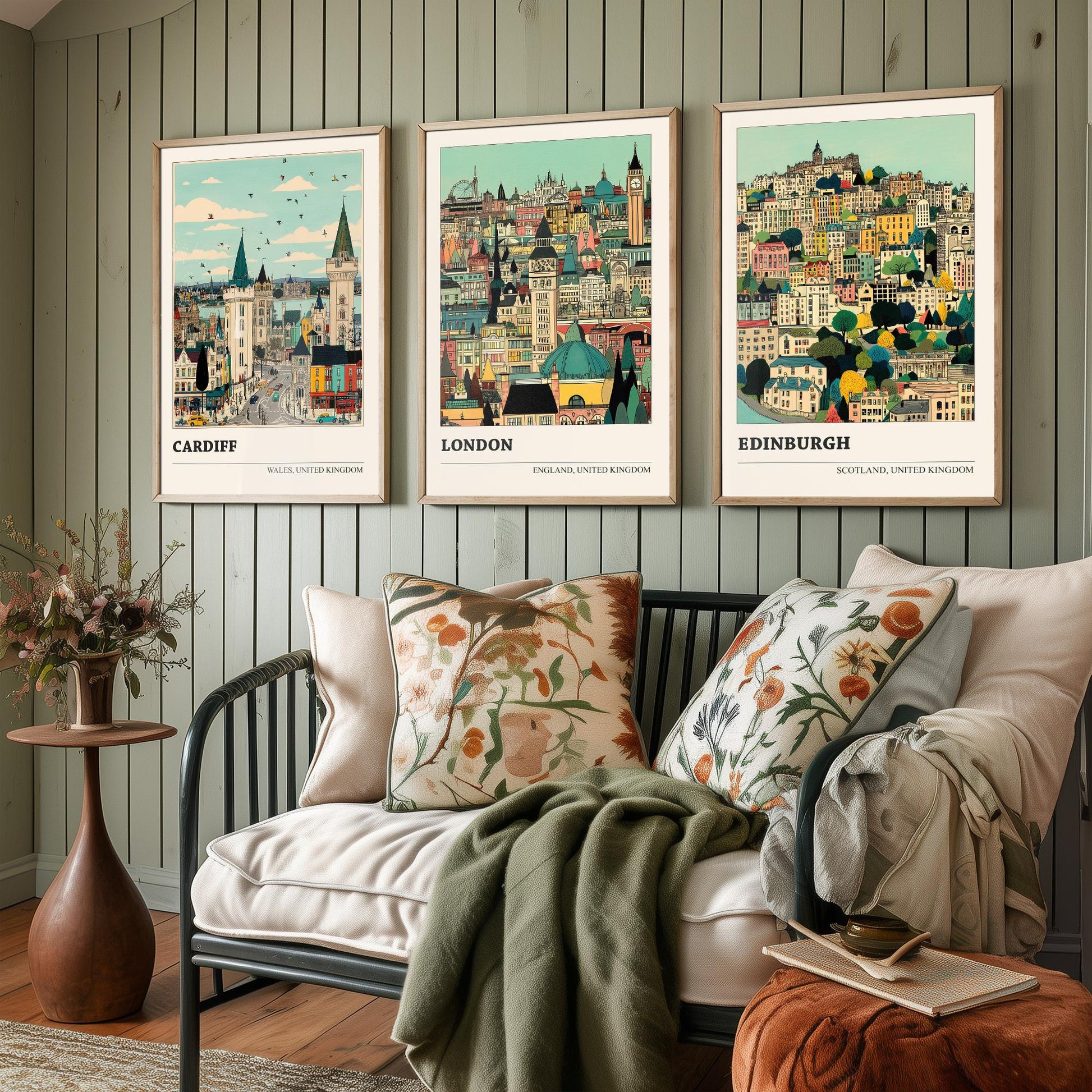 Set of Three UK Capital City Art Prints - Cardiff, London, Edinburgh - 3 Detailed Cityscape Illustration Posters - Travel Gift Decor