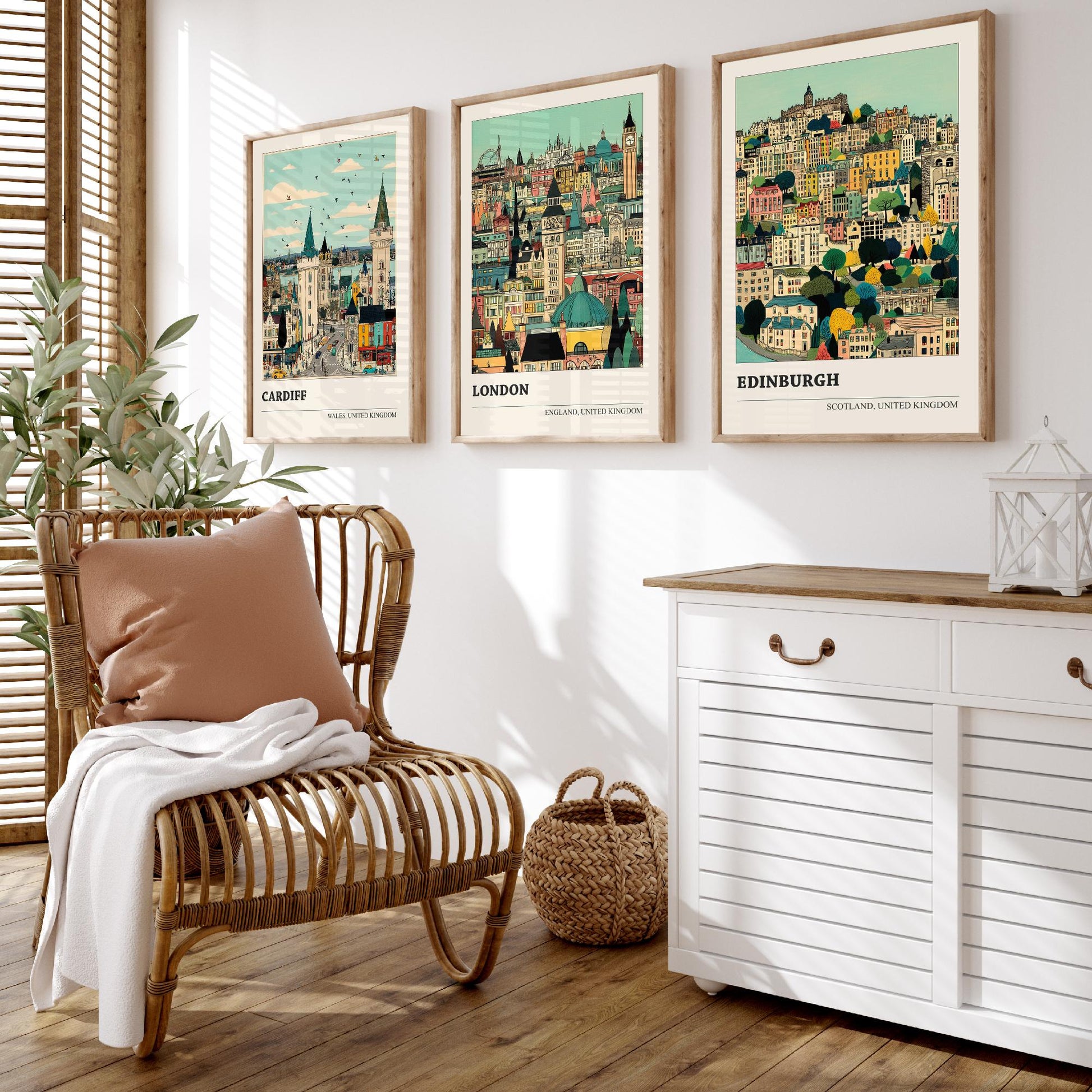 Set of Three UK Capital City Art Prints - Cardiff, London, Edinburgh - 3 Detailed Cityscape Illustration Posters - Travel Gift Decor