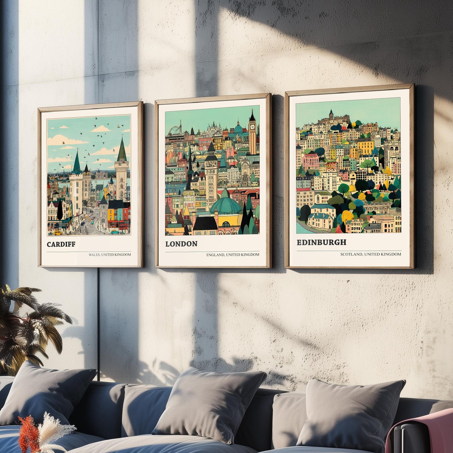 Set of Three UK Capital City Art Prints - Cardiff, London, Edinburgh - 3 Detailed Cityscape Illustration Posters - Travel Gift Decor