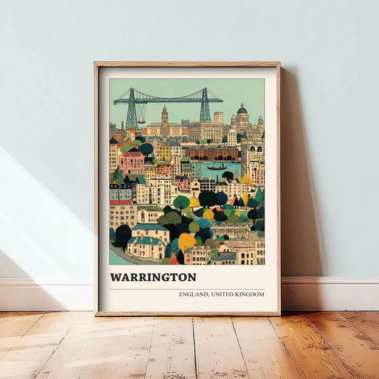 Warrington England Travel Poster - Folk Art City Print - Naive Cityscape Illustration - British Wall Art 1/3