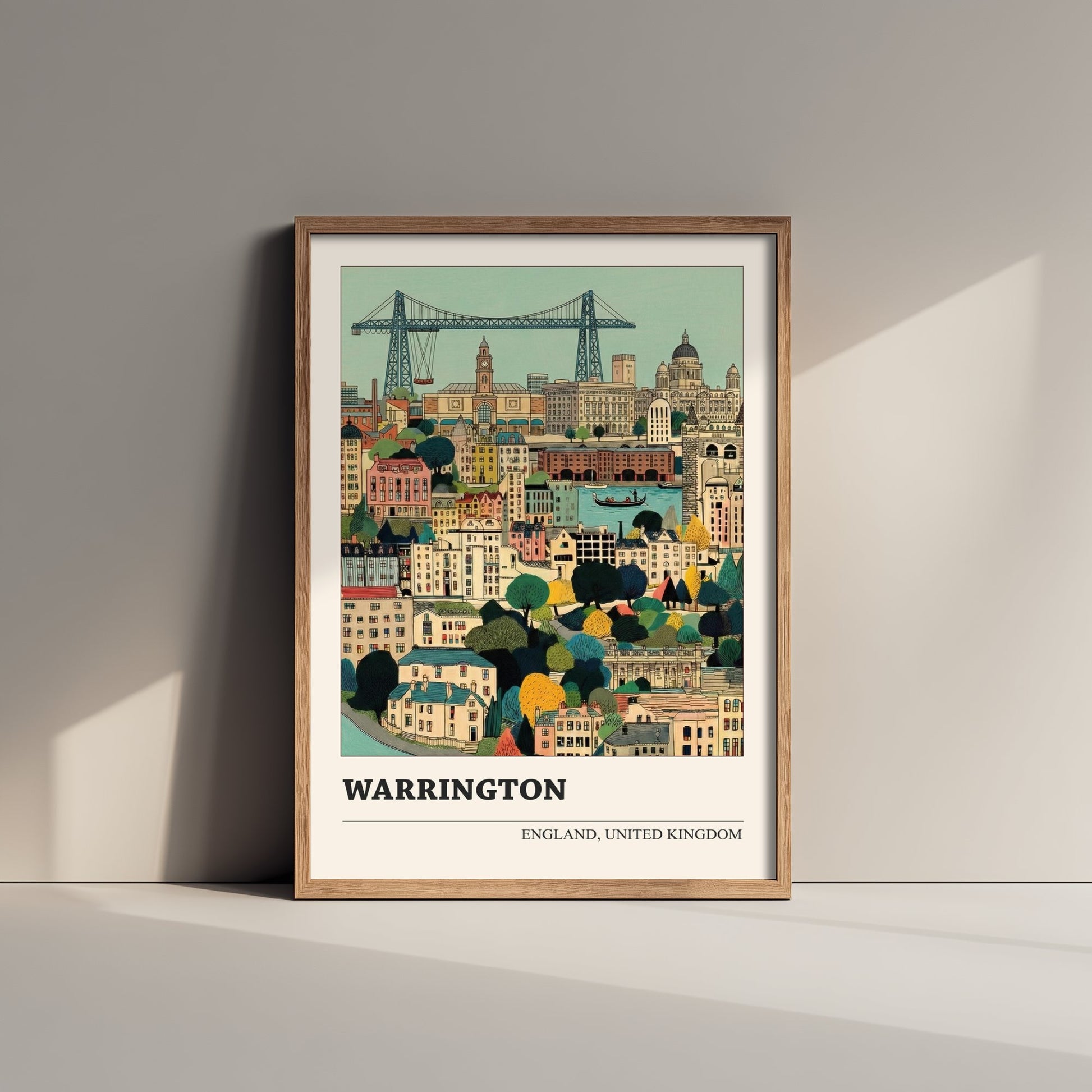 Warrington England Travel Poster - Folk Art City Print - Naive Cityscape Illustration - British Wall Art 1/3