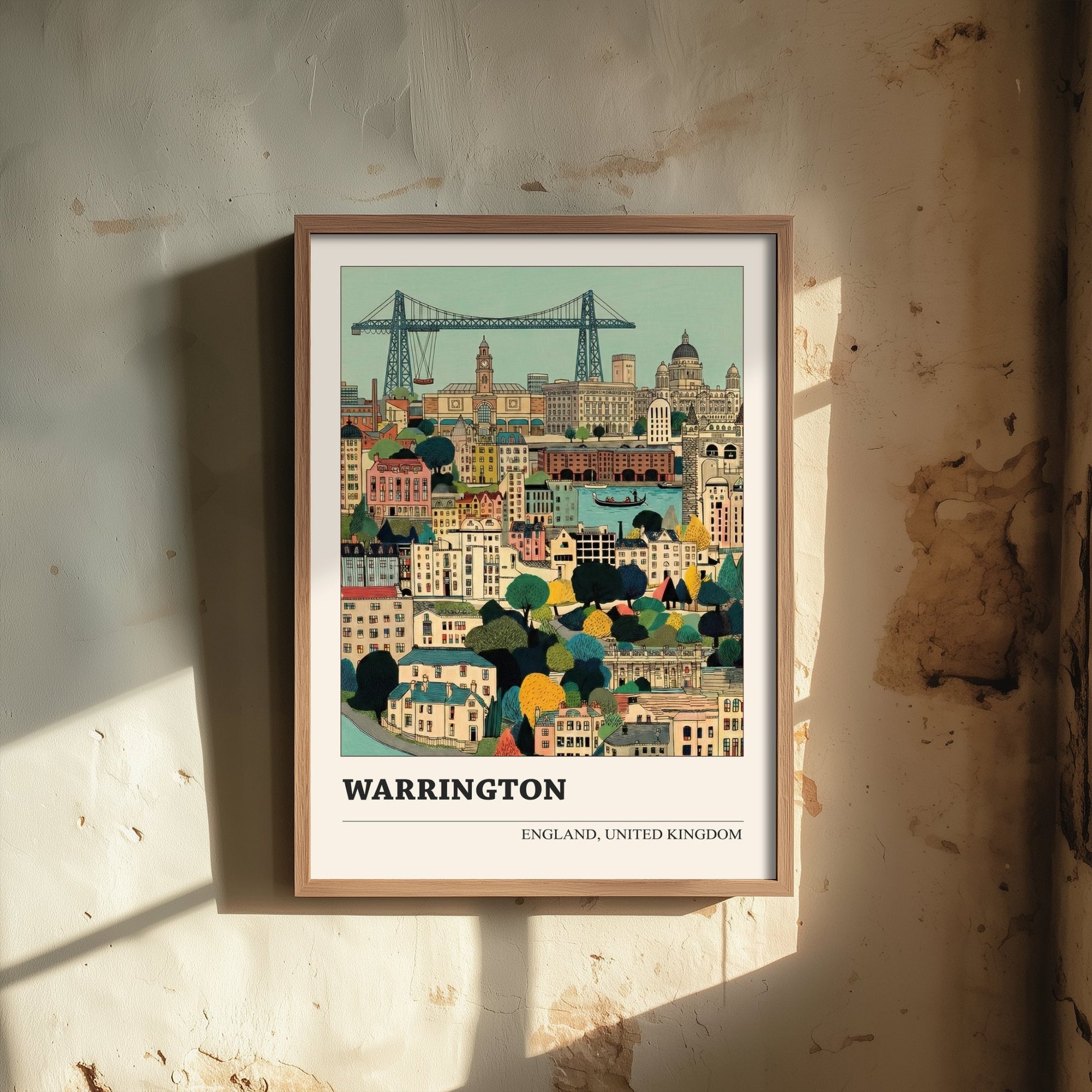 Warrington England Travel Poster - Folk Art City Print - Naive Cityscape Illustration - British Wall Art 1/3