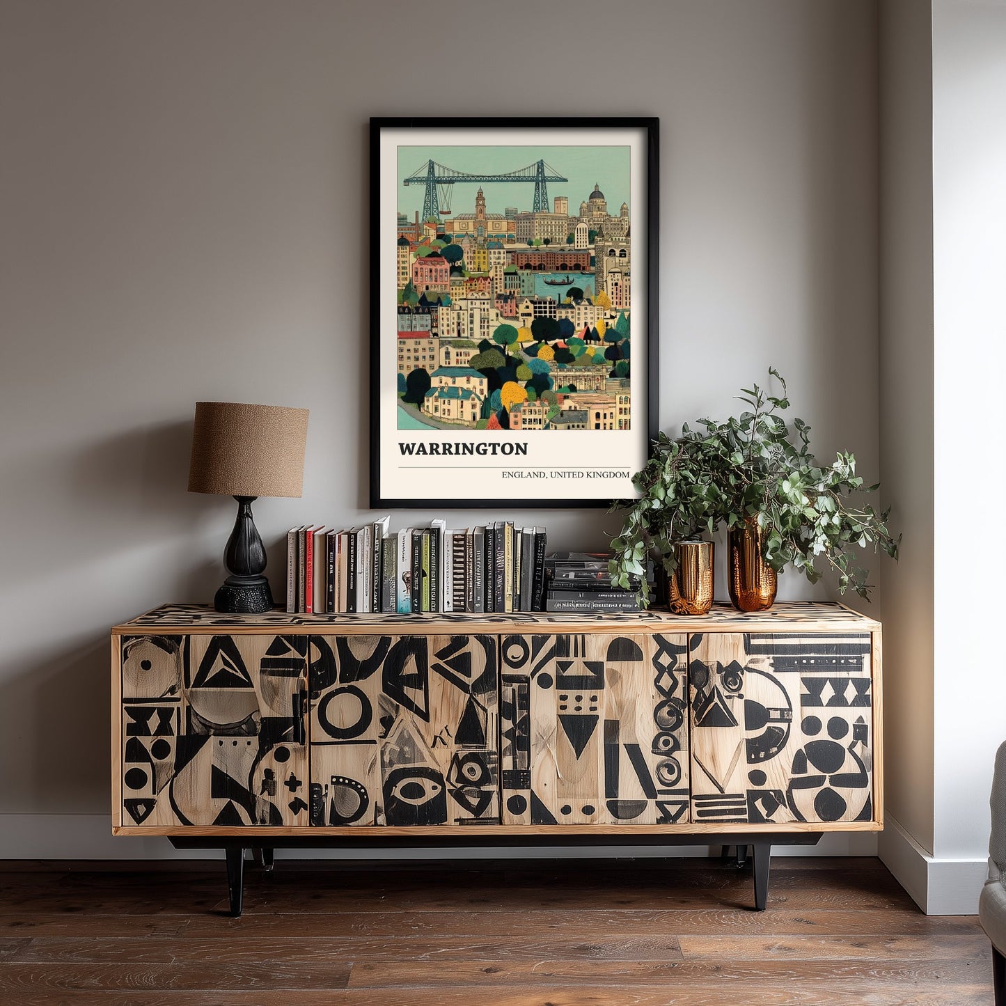 Warrington England Travel Poster - Folk Art City Print - Naive Cityscape Illustration - British Wall Art 1/3