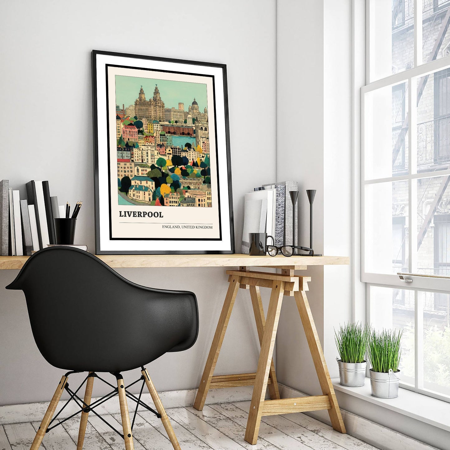Liverpool England Travel Poster - Folk Art City Print - Naive Cityscape Illustration - Liver Building Art 2/3