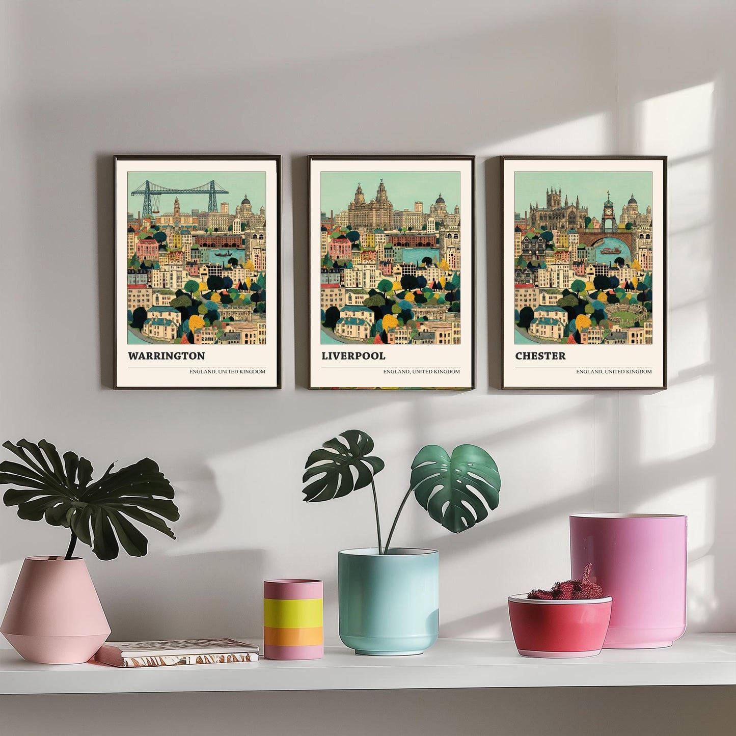 Set of Three North West England City Art Prints - Warrington, Liverpool, Chester - 3 Storybook Cityscape Illustration Posters