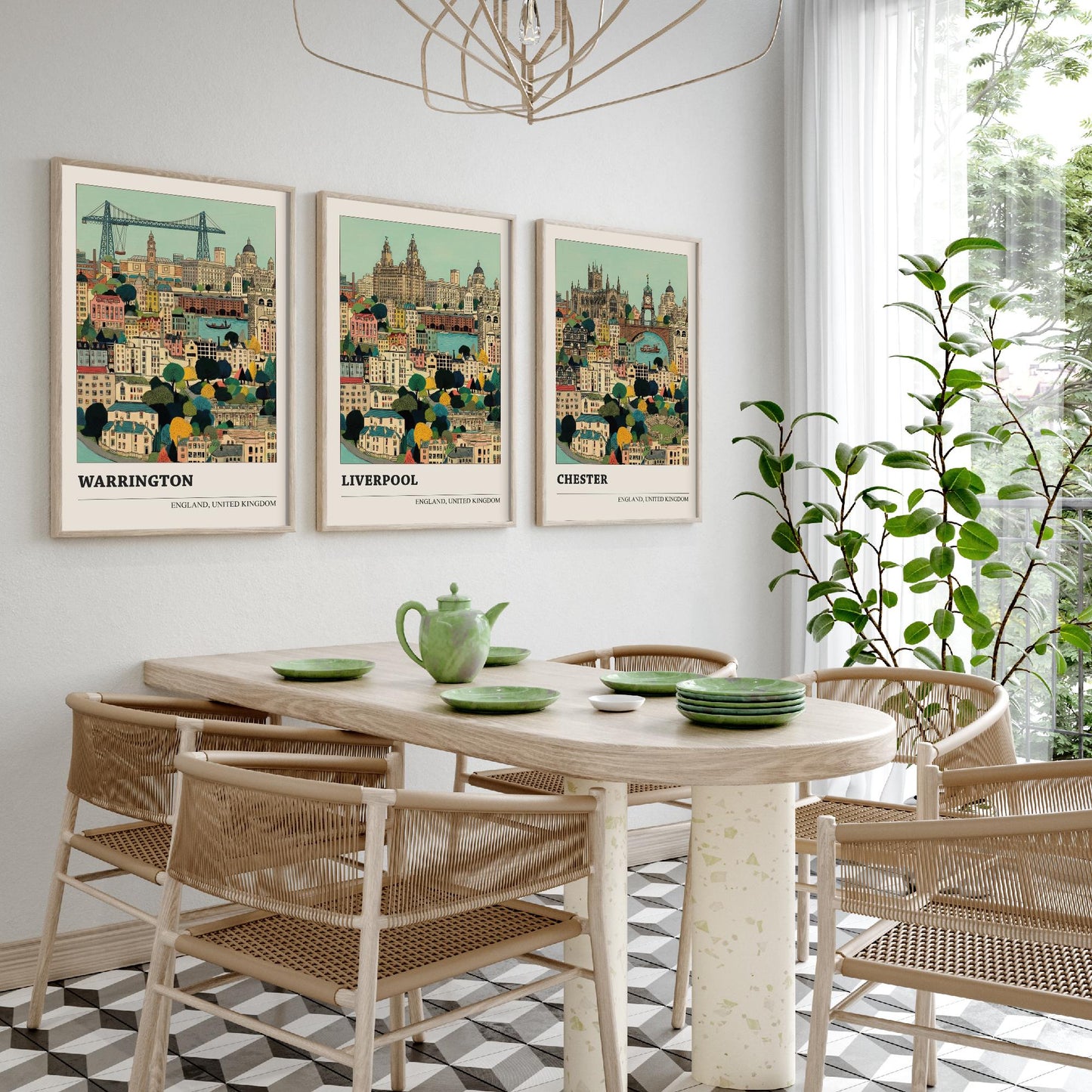 Set of Three North West England City Art Prints - Warrington, Liverpool, Chester - 3 Storybook Cityscape Illustration Posters