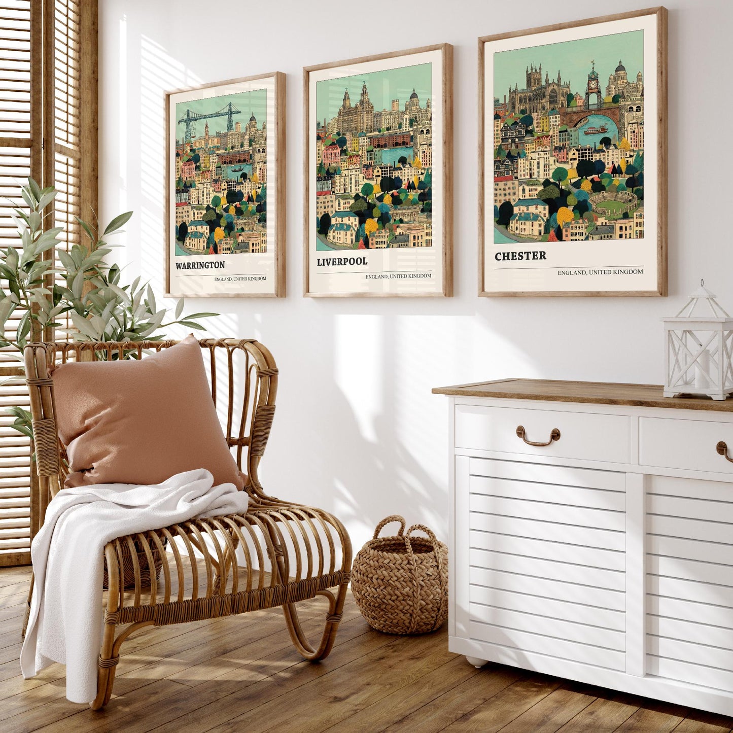 Set of Three North West England City Art Prints - Warrington, Liverpool, Chester - 3 Storybook Cityscape Illustration Posters