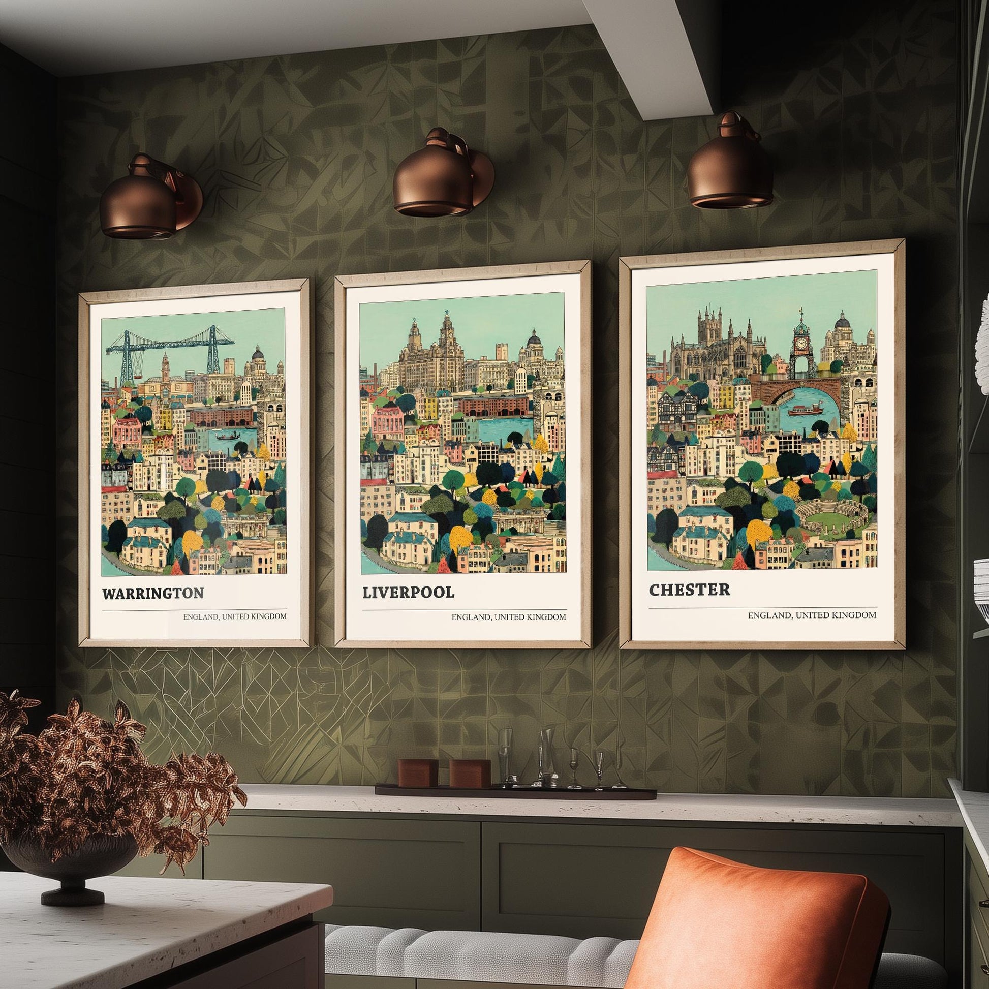 Set of Three North West England City Art Prints - Warrington, Liverpool, Chester - 3 Storybook Cityscape Illustration Posters