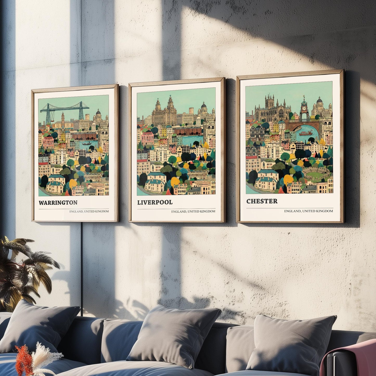 Set of Three North West England City Art Prints - Warrington, Liverpool, Chester - 3 Storybook Cityscape Illustration Posters