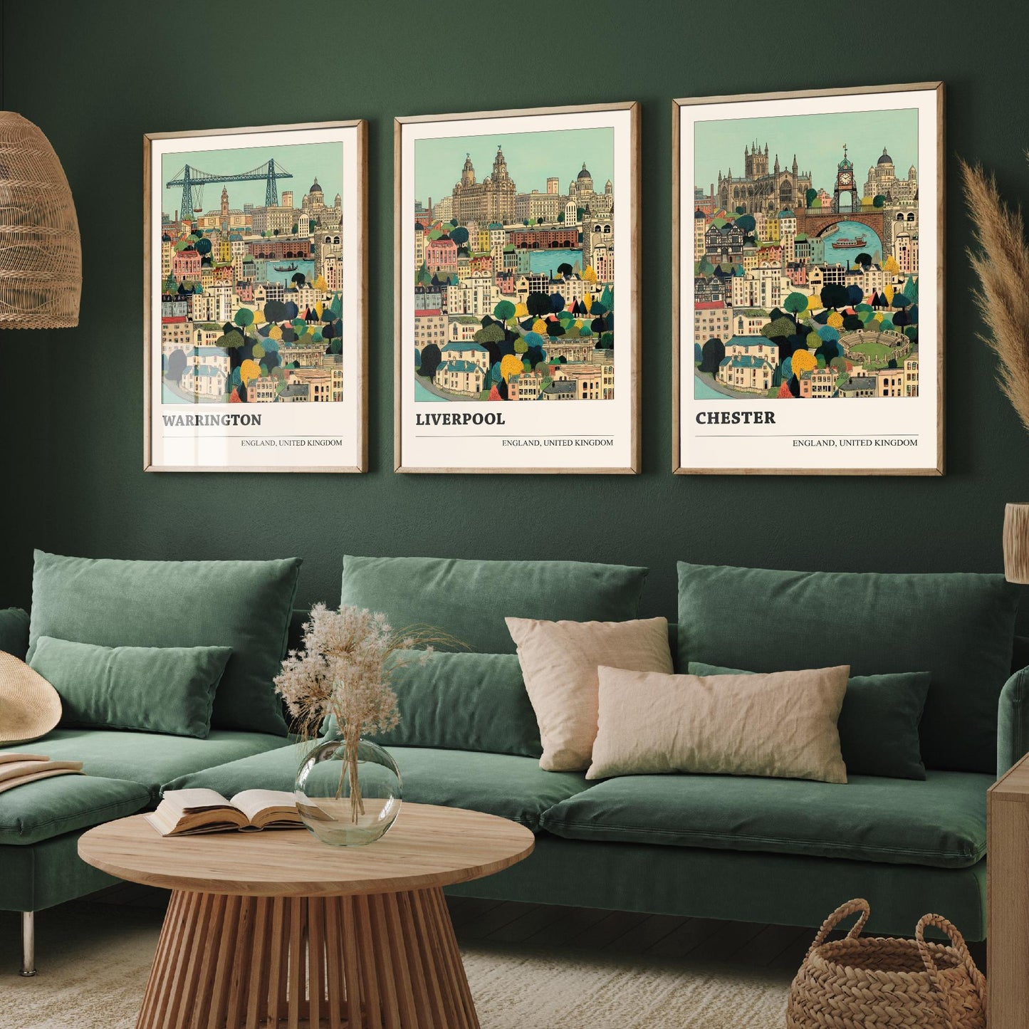 Set of Three North West England City Art Prints - Warrington, Liverpool, Chester - 3 Storybook Cityscape Illustration Posters