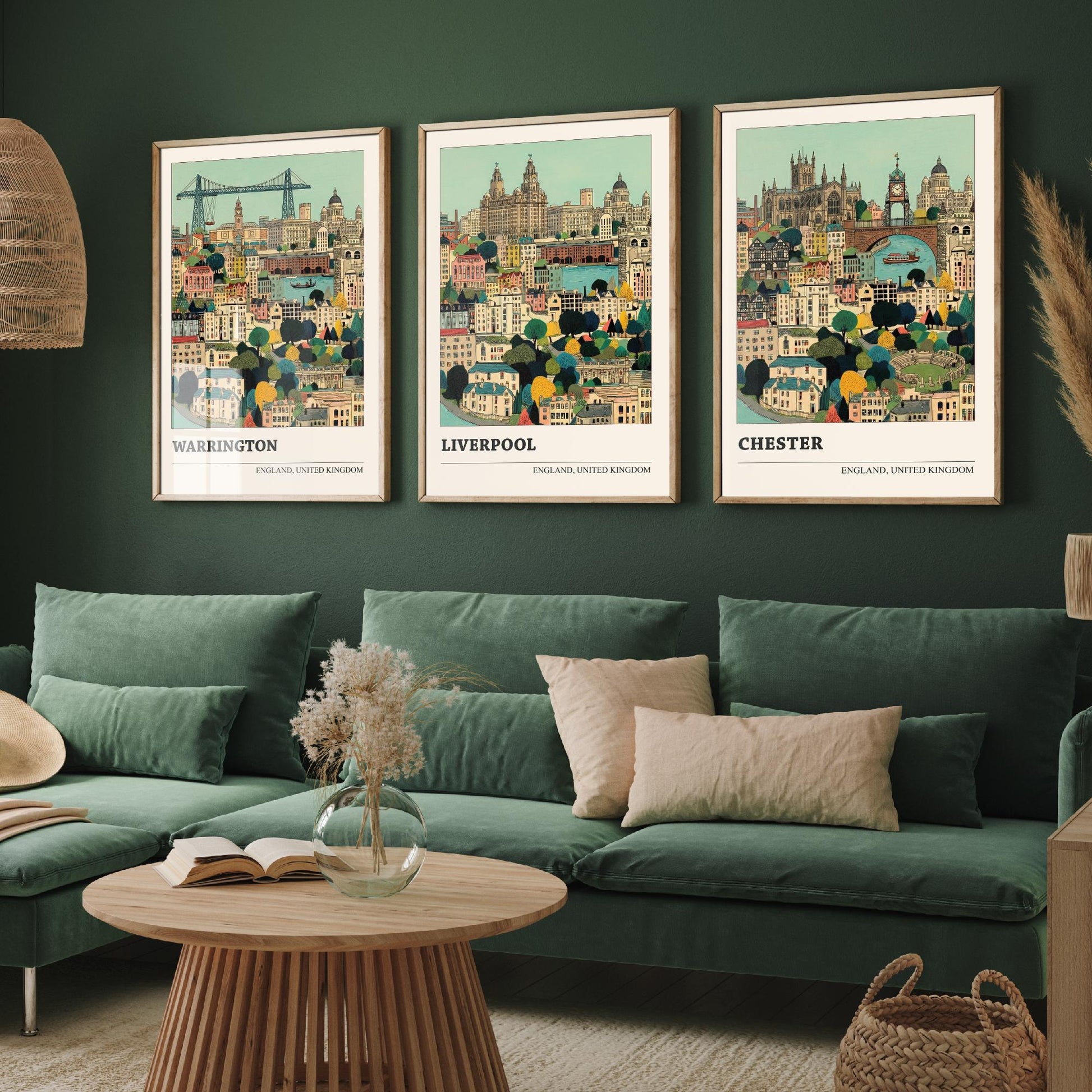 Set of Three North West England City Art Prints - Warrington, Liverpool, Chester - 3 Storybook Cityscape Illustration Posters