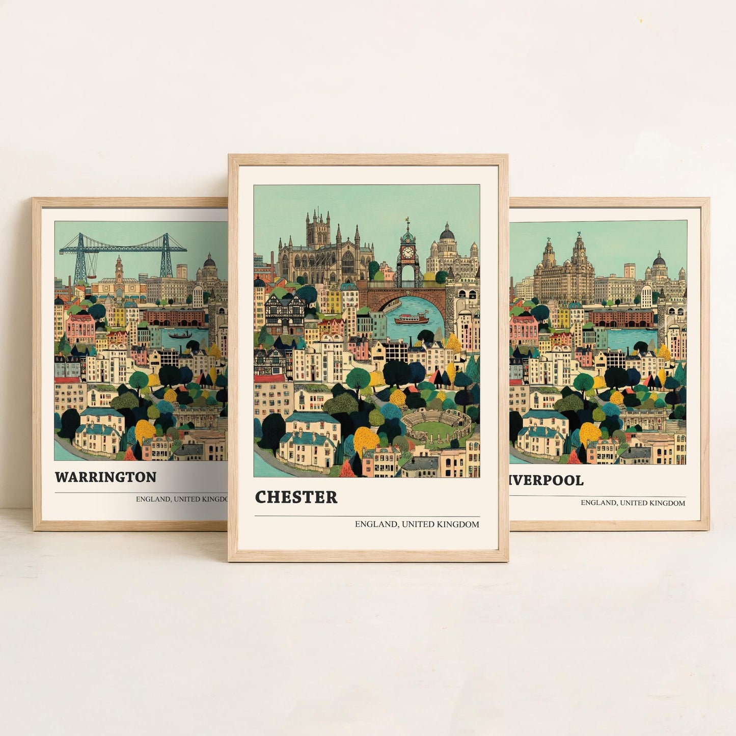 Set of Three North West England City Art Prints - Warrington, Liverpool, Chester - 3 Storybook Cityscape Illustration Posters